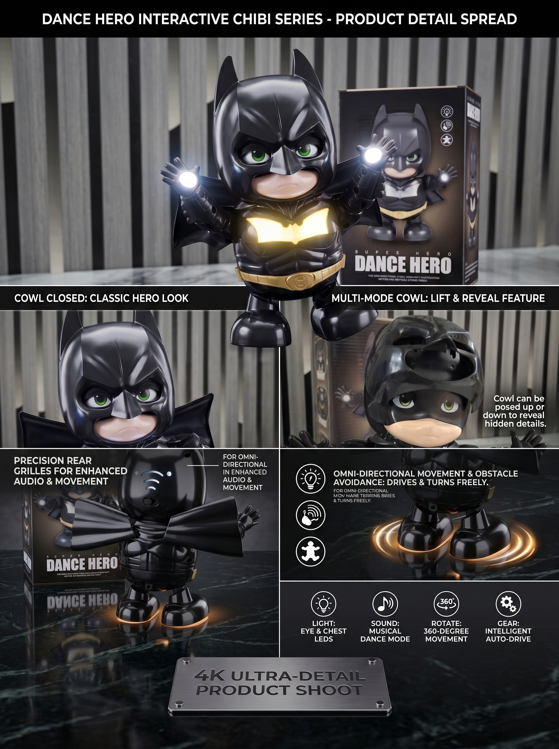 Batman Dance Hero Interactive Chibi Toy | LED Light &amp; Music Dancing Figure with 360° Rotating Movement | Cute Batman Action Figure Toy for Kids, Desk Decor, Birthday Gift &amp; Collectors