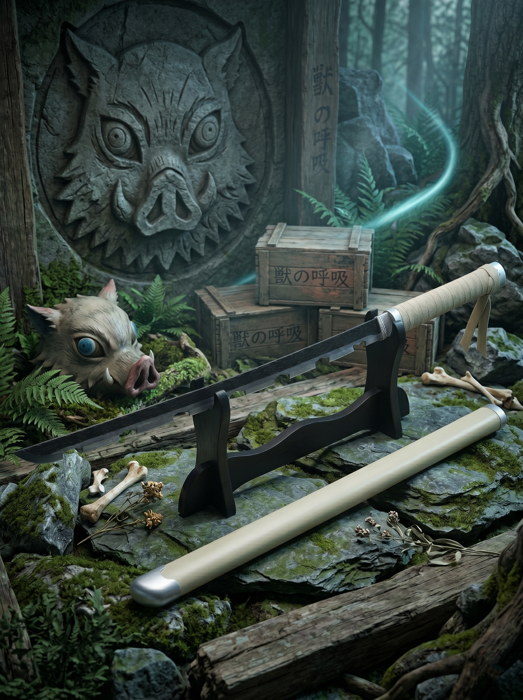 Demon Slayer Inosuke Wooden Katana 41 Inch | Beast Hashira Inspired Anime Samurai Sword Prop with Stand | Decorative Cosplay Collectible for Anime Fans