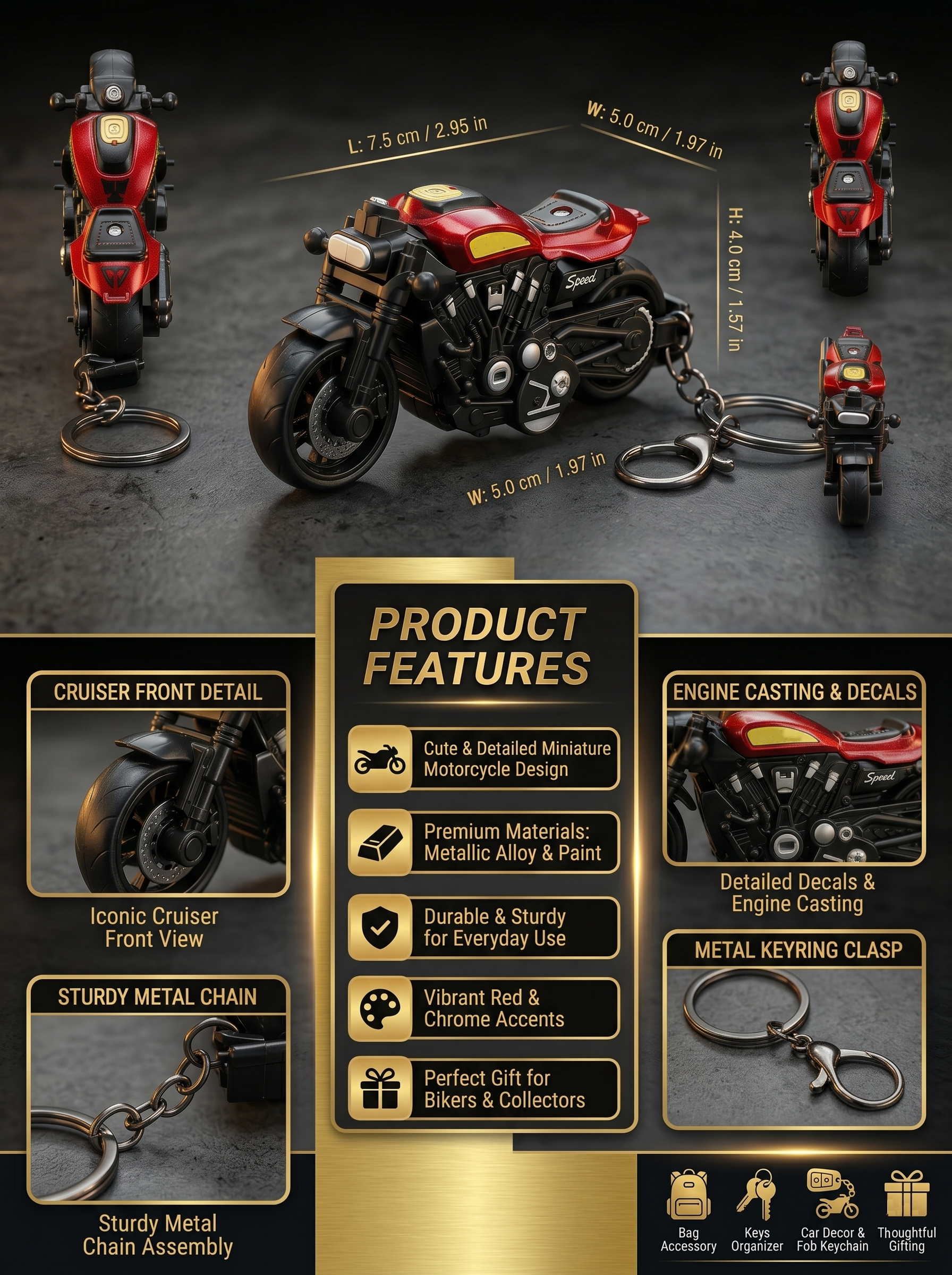 Harley Bike Keychain | Red Cruiser Motorcycle Miniature Keyring for Men | Metal Alloy Bike Model Key Chain with Sturdy Chain & Clasp | Biker Gift, Car Key Holder, Bag Charm & Collectible Accessory