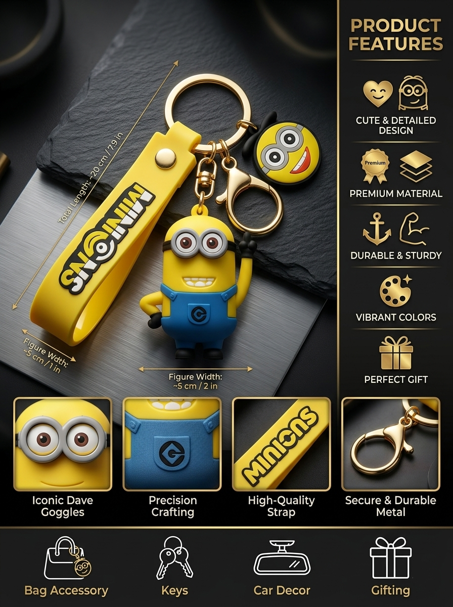 Minion Character Keychain for Kids | Cute PVC Figurine Charm with Yellow Silicone Strap & Gold Metal Key Ring | Backpack, Keys, Car Hanging & Gifting