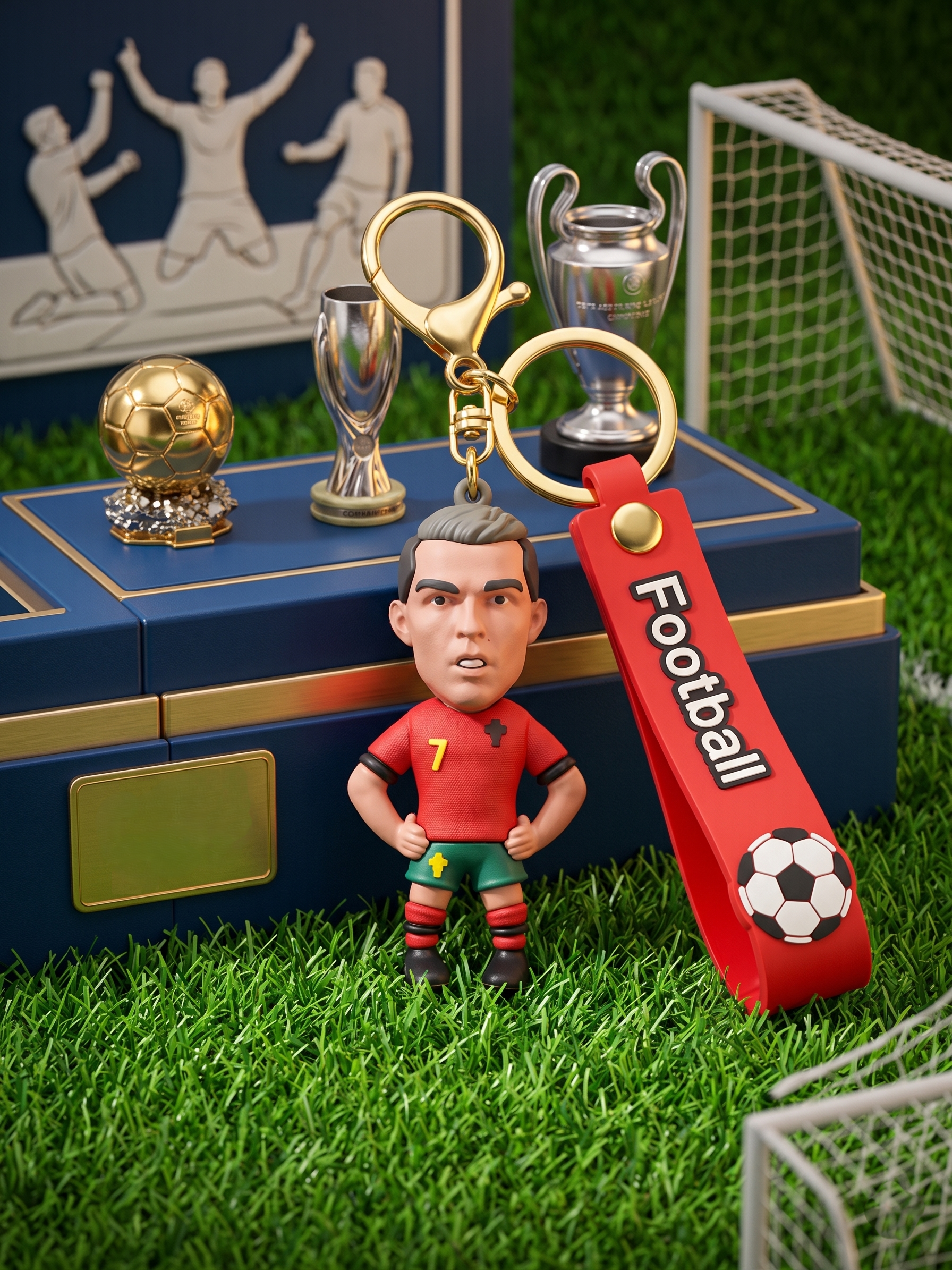 CR7 Inspired Football Player Keychain | Red Soccer Jersey PVC Figure Charm with Silicone Strap & Zinc Alloy Hardware | Backpack, Keys, Car Decor & Gift for Fans