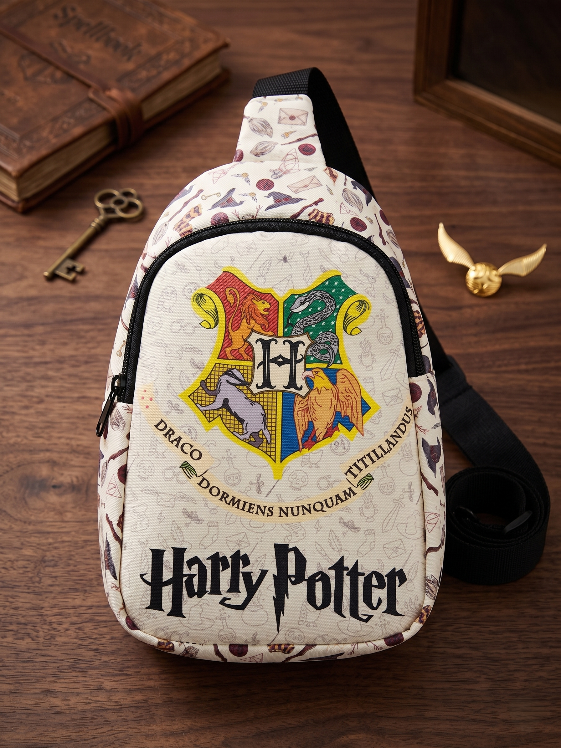 Harry Potter Hogwarts Sling Bag for Kids | White Wizard Theme Crossbody Chest Bag with Hogwarts Crest Print, Adjustable Strap & Spacious Compartment | School, Travel, Day Out & Gift Bag