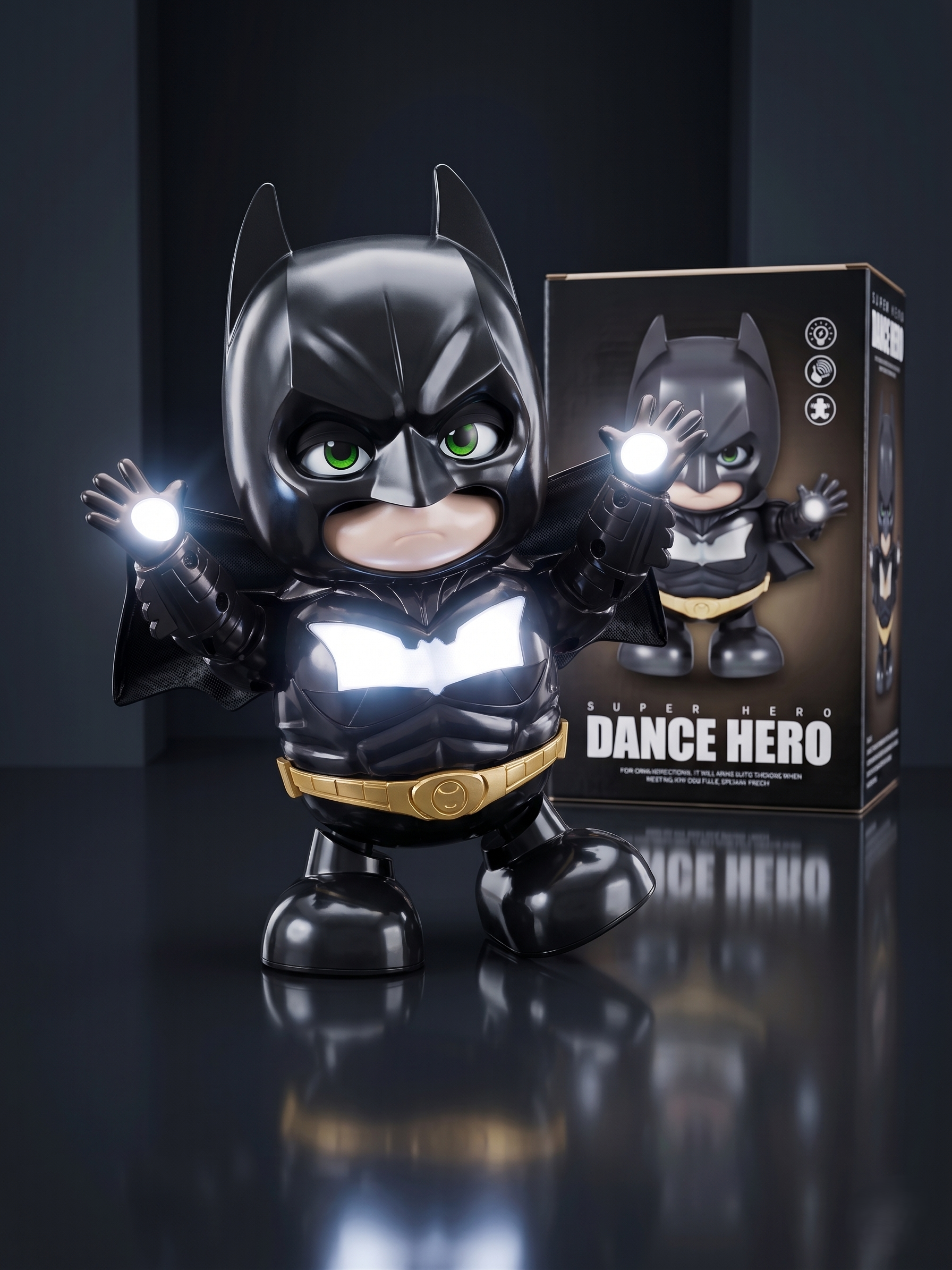 Batman Dance Hero Interactive Chibi Toy | LED Light &amp; Music Dancing Figure with 360° Rotating Movement | Cute Batman Action Figure Toy for Kids, Desk Decor, Birthday Gift &amp; Collectors