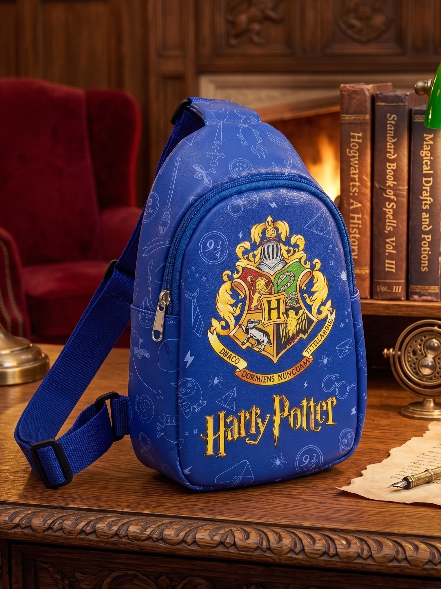Harry Potter Hogwarts Sling Bag for Kids | Blue Crossbody Chest Bag with Hogwarts Crest Print, Adjustable Padded Strap & Spacious Compartment | School, Travel, Day Out & Gift Bag