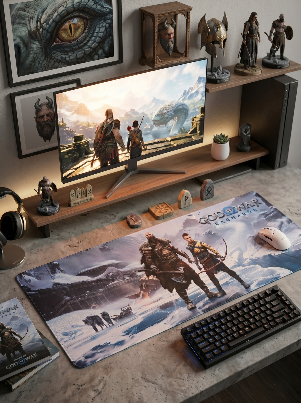 God of War Ragnarök Kratos & Atreus Desk Mat Mouse Pad 80 x 30 cm | Large Gaming Mousepad with Ultra-Smooth Surface, Anti-Slip Rubber Base & Stitched Edges | Extended Keyboard Mouse Mat for PC, Laptop & Desk Setup