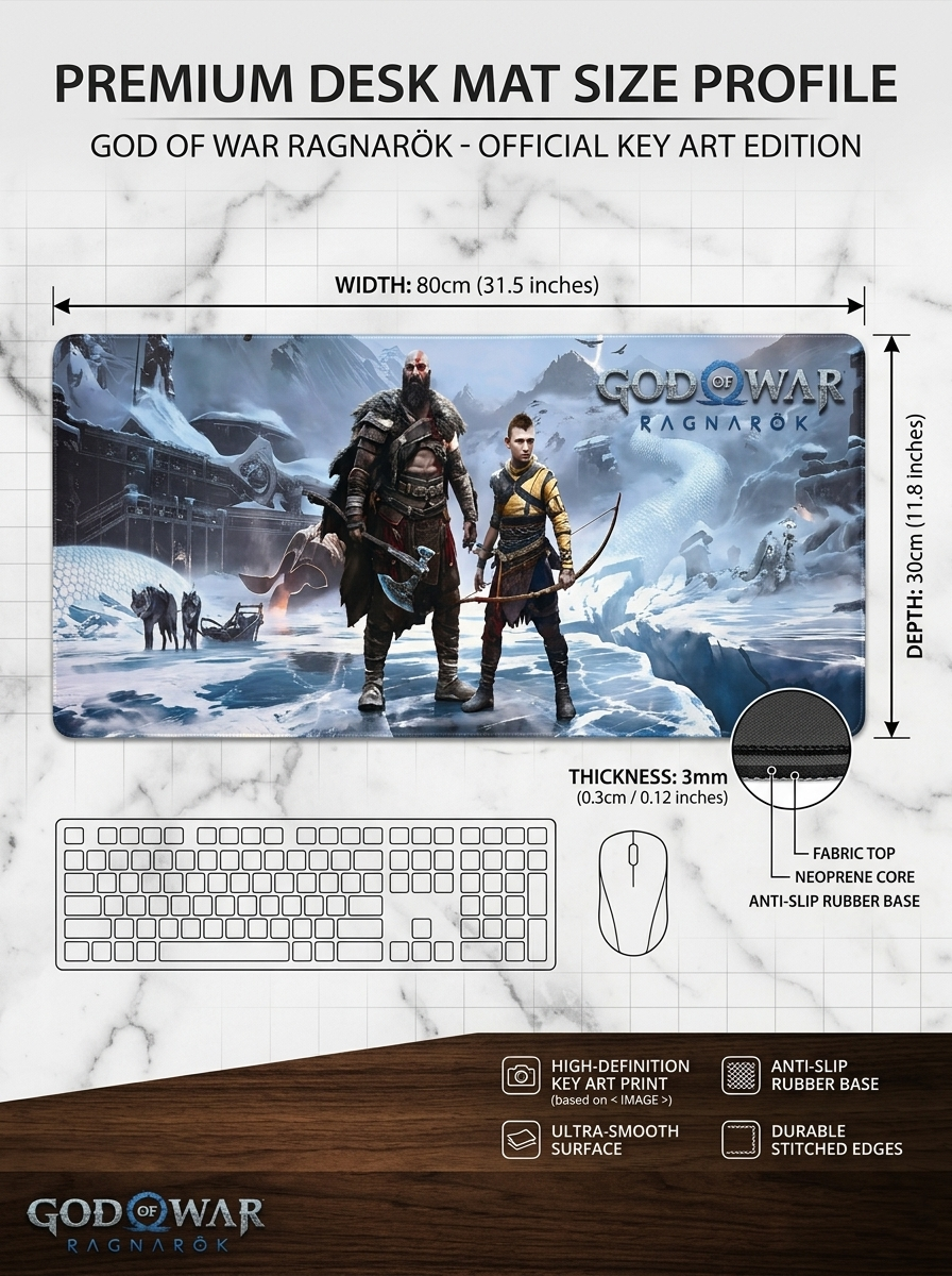 God of War Ragnarök Kratos & Atreus Desk Mat Mouse Pad 80 x 30 cm | Large Gaming Mousepad with Ultra-Smooth Surface, Anti-Slip Rubber Base & Stitched Edges | Extended Keyboard Mouse Mat for PC, Laptop & Desk Setup