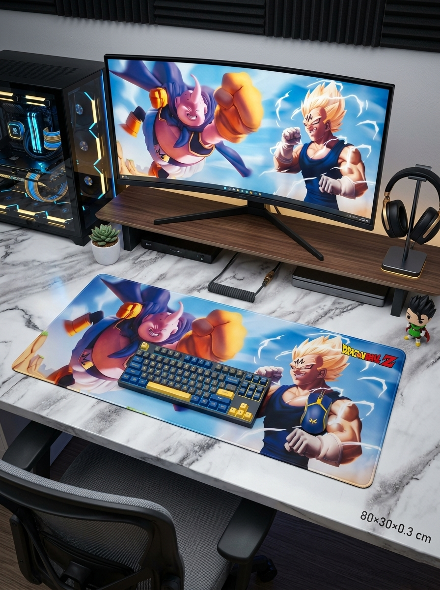 Dragon Ball Z Majin Buu & Vegeta Desk Mat Mouse Pad 80 x 30 cm | Anime Gaming Mousepad with Ultra-Smooth Cloth Surface, Stitched Edges & Non-Slip Rubber Base | Extended Keyboard Mouse Mat for PC, Laptop & Desk Setup