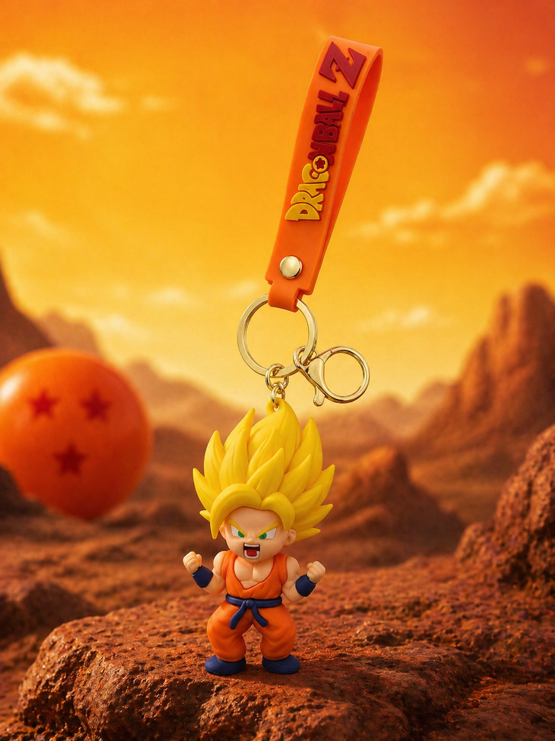 Dragon Ball Z Goku Super Saiyan Keychain | Cute Anime PVC Character Charm with Orange Strap, Alloy Ring & Clasp | Backpack Accessory Gift for Anime Fans