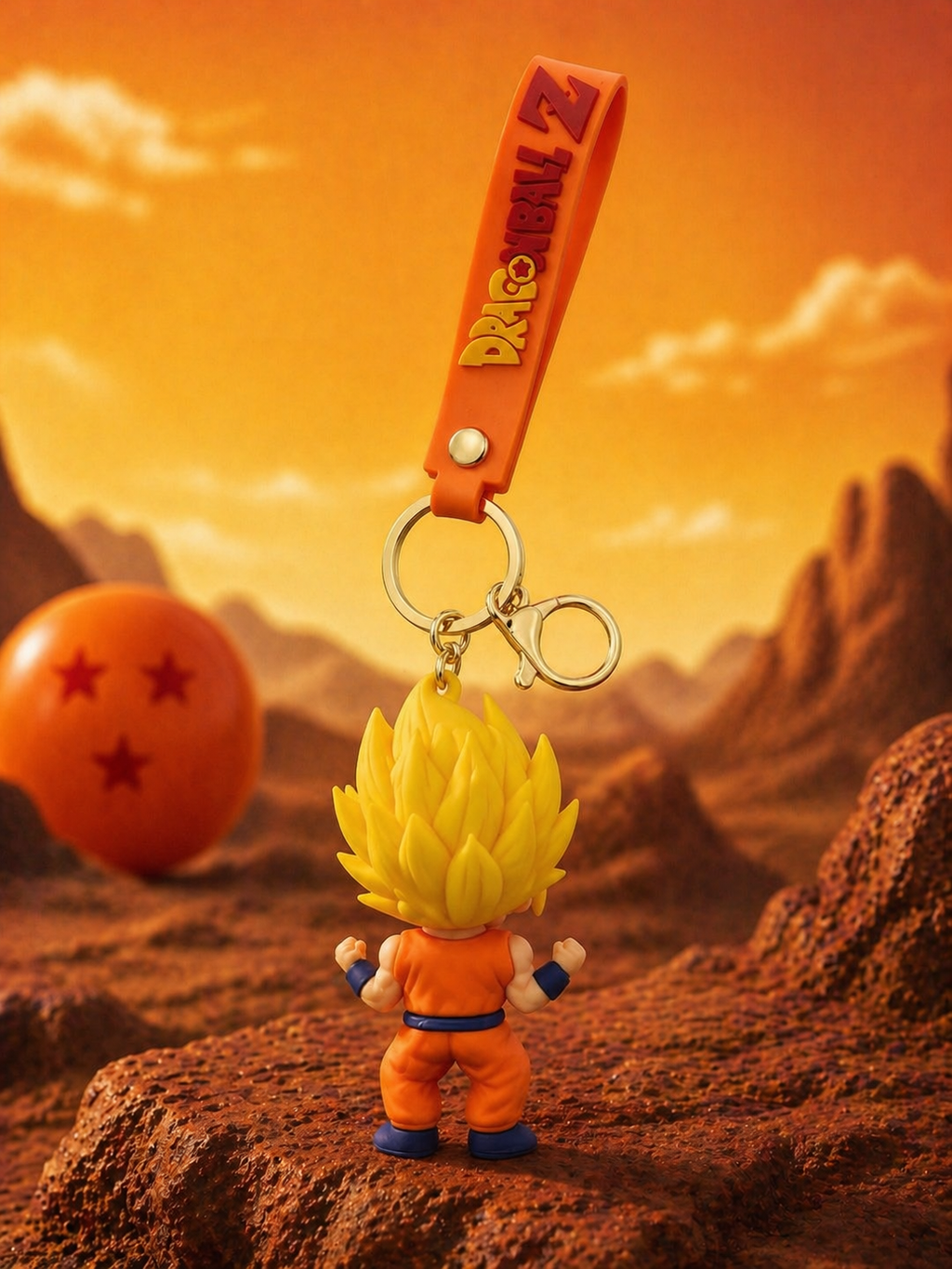 Dragon Ball Z Goku Super Saiyan Keychain | Cute Anime PVC Character Charm with Orange Strap, Alloy Ring & Clasp | Backpack Accessory Gift for Anime Fans