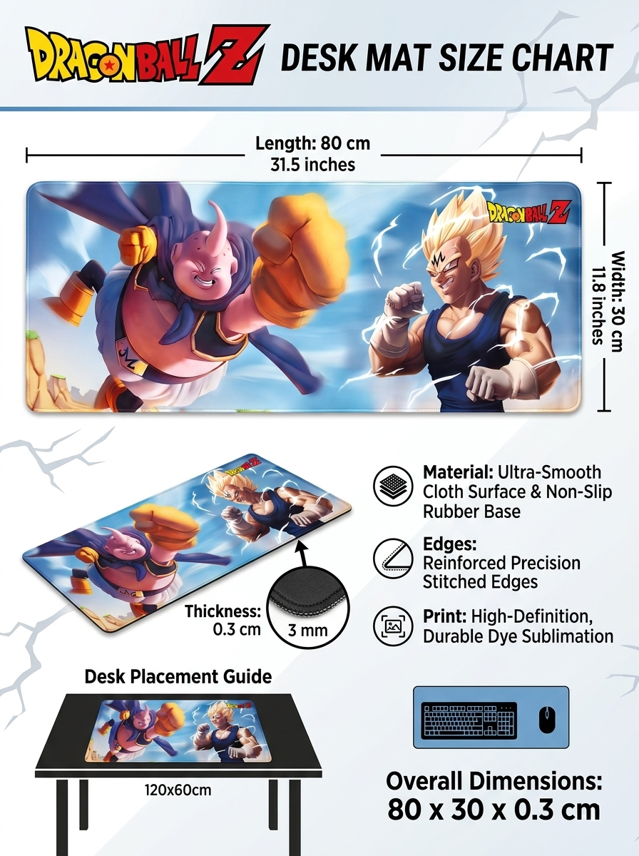 Dragon Ball Z Majin Buu & Vegeta Desk Mat Mouse Pad 80 x 30 cm | Anime Gaming Mousepad with Ultra-Smooth Cloth Surface, Stitched Edges & Non-Slip Rubber Base | Extended Keyboard Mouse Mat for PC, Laptop & Desk Setup