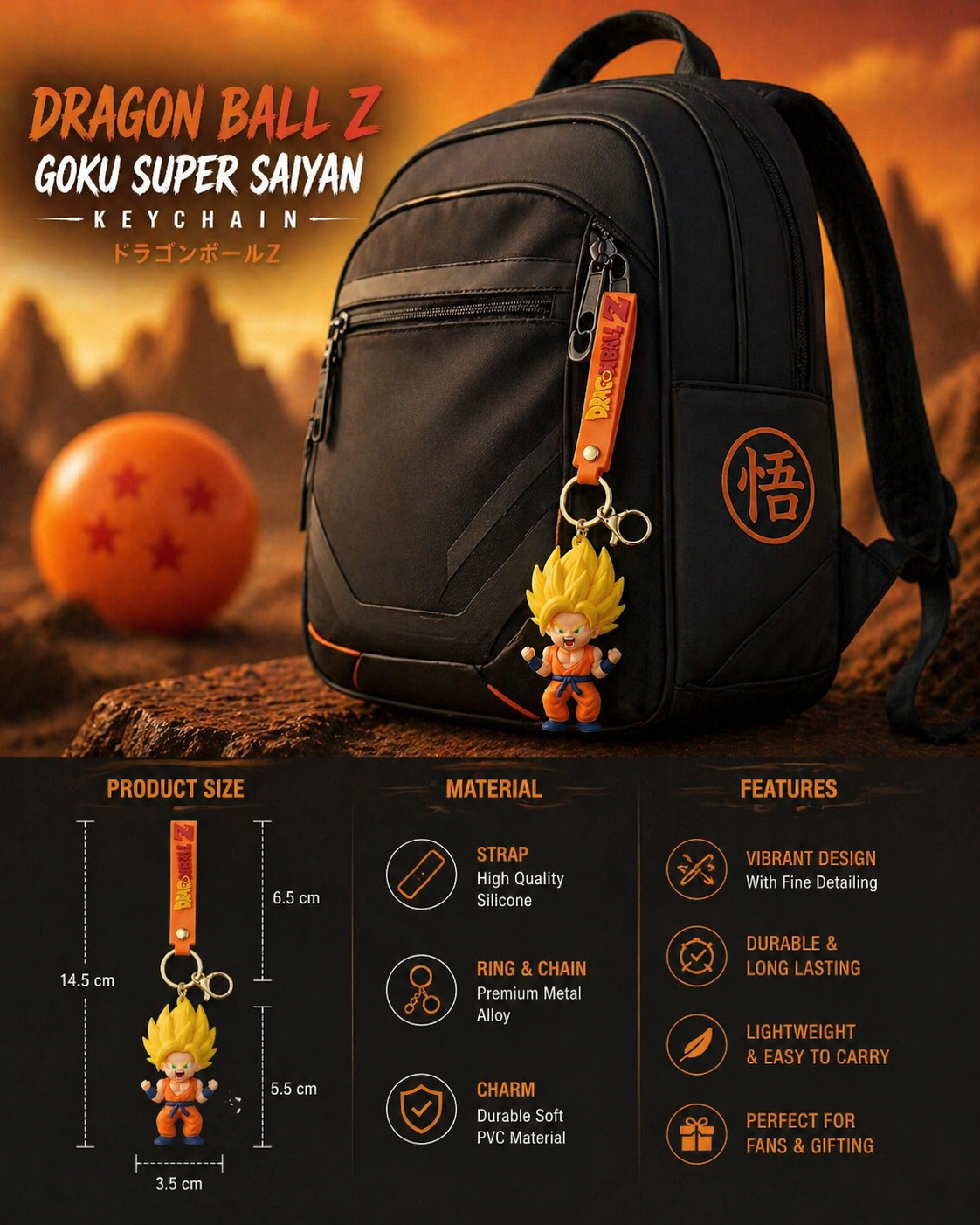 Dragon Ball Z Goku Super Saiyan Keychain | Cute Anime PVC Character Charm with Orange Strap, Alloy Ring & Clasp | Backpack Accessory Gift for Anime Fans