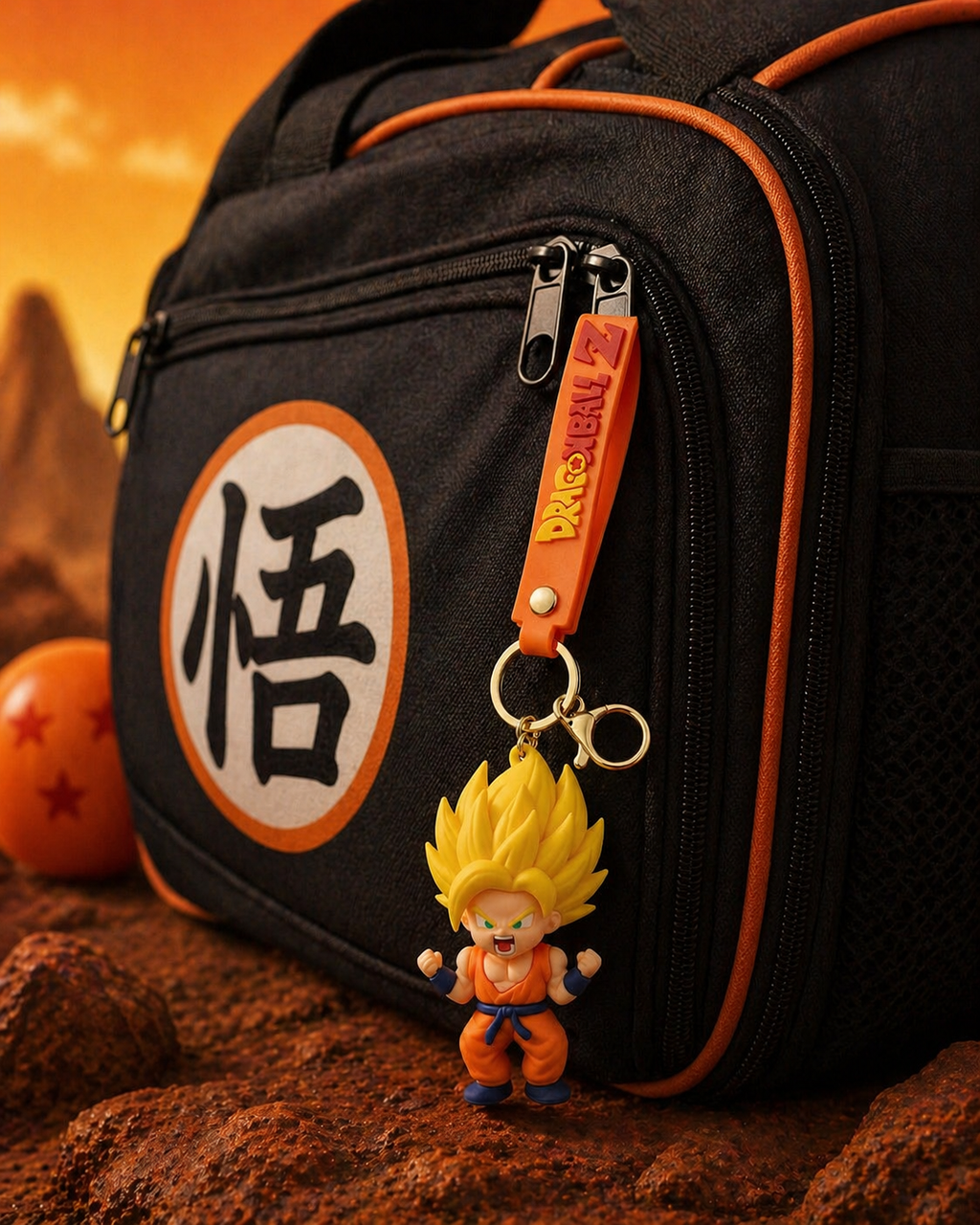 Dragon Ball Z Goku Super Saiyan Keychain | Cute Anime PVC Character Charm with Orange Strap, Alloy Ring & Clasp | Backpack Accessory Gift for Anime Fans