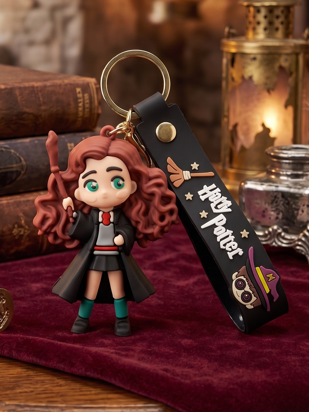 World Gift Mart Hermione-Inspired Chibi Keychain with Wand–Cute PVC Wizard Girl with Wrist Strap Key Chain