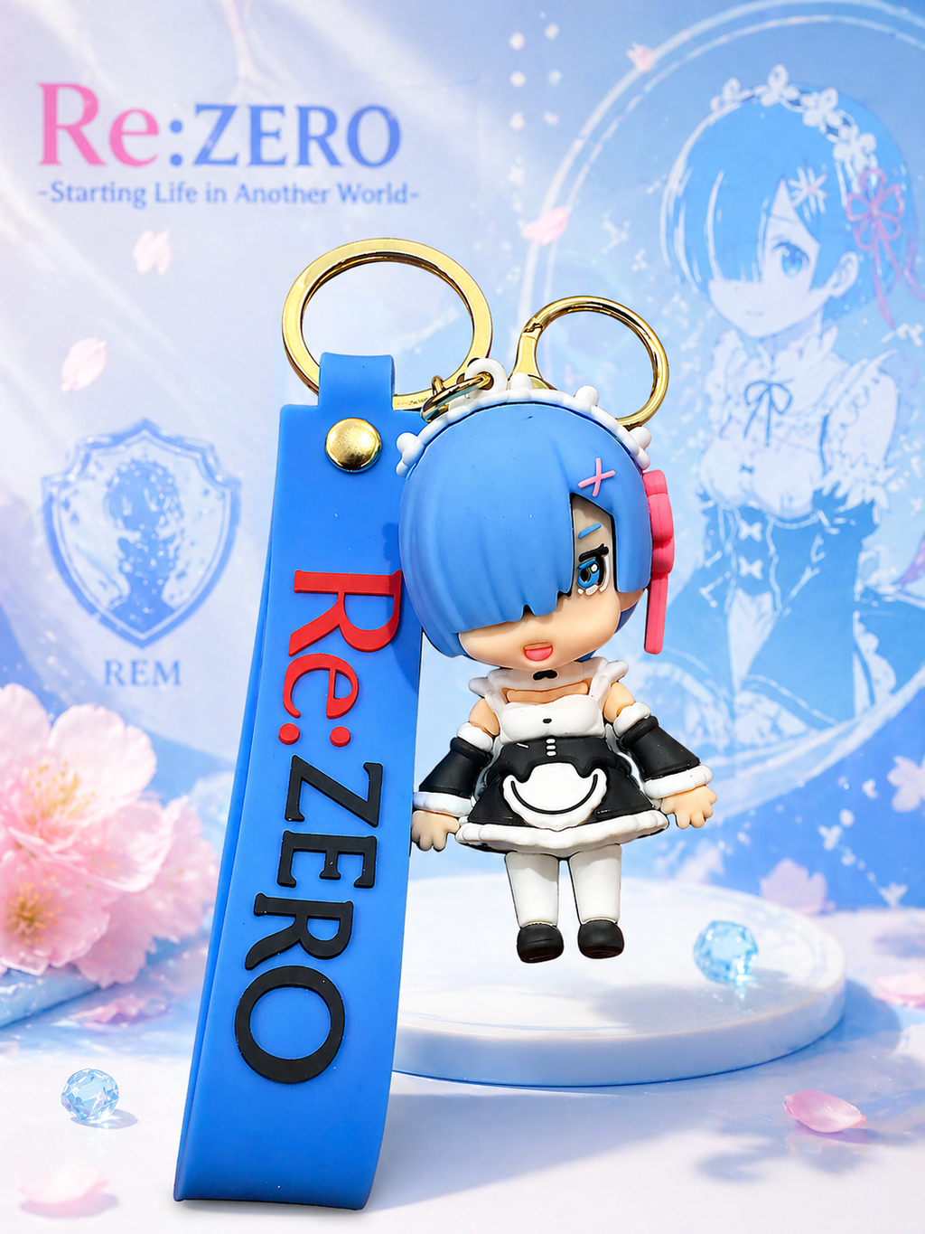 Re Rem Character Keychain | Cute Chibi Anime PVC Figurine Charm with Blue Silicone Strap & Metal Key Ring | Backpack Charm, Keys, Car Hanging & Gifting