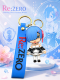 Re Rem Character Keychain | Cute Chibi Anime PVC Figurine Charm with Blue Silicone Strap & Metal Key Ring | Backpack Charm, Keys, Car Hanging & Gifting