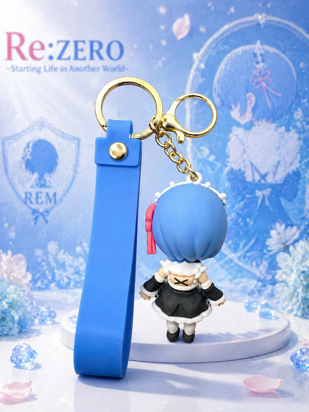 Re Rem Character Keychain | Cute Chibi Anime PVC Figurine Charm with Blue Silicone Strap & Metal Key Ring | Backpack Charm, Keys, Car Hanging & Gifting