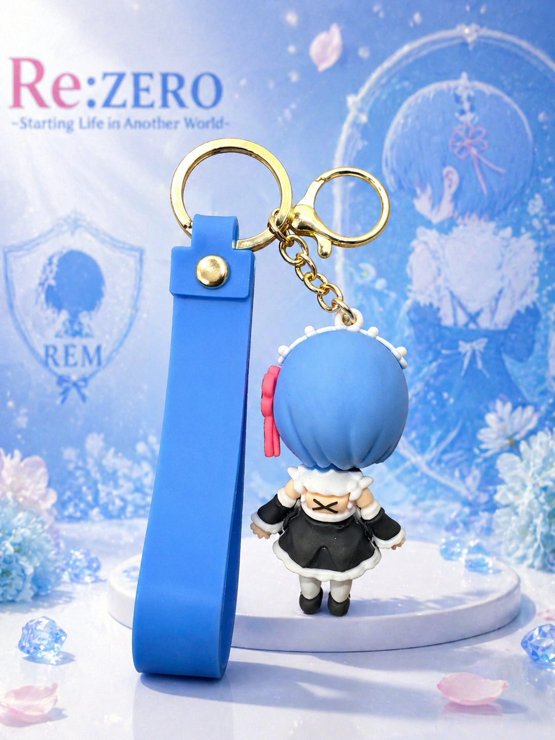 Re Rem Character Keychain | Cute Chibi Anime PVC Figurine Charm with Blue Silicone Strap & Metal Key Ring | Backpack Charm, Keys, Car Hanging & Gifting