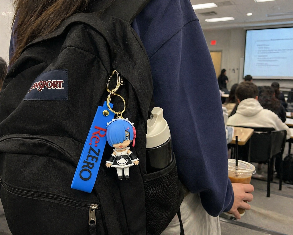 Re Rem Character Keychain | Cute Chibi Anime PVC Figurine Charm with Blue Silicone Strap & Metal Key Ring | Backpack Charm, Keys, Car Hanging & Gifting