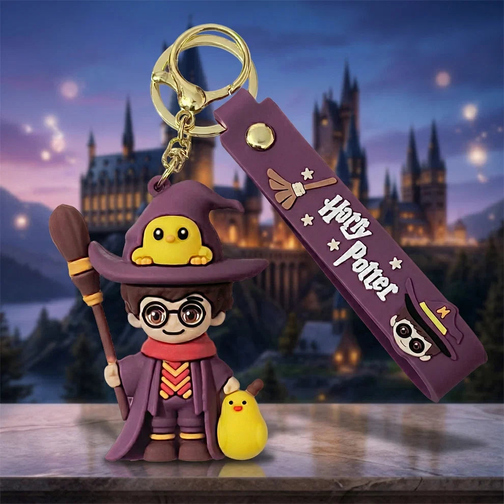 Harry Potter Inspired Chibi Wizard Keychain | Cute Magic Character Keychain with Purple Strap, Metal Ring & Clasp | Bag Charm for Backpack, School Bag, Keys & Gift