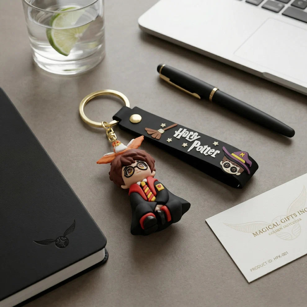 Harry Potter Inspired Owl Character Keychain | Premium Wizard Boy PVC Bag Charm with Black Strap, Gold Metal Ring & Clasp | Cute Key Holder for Bags, Keys, Backpack & Gift
