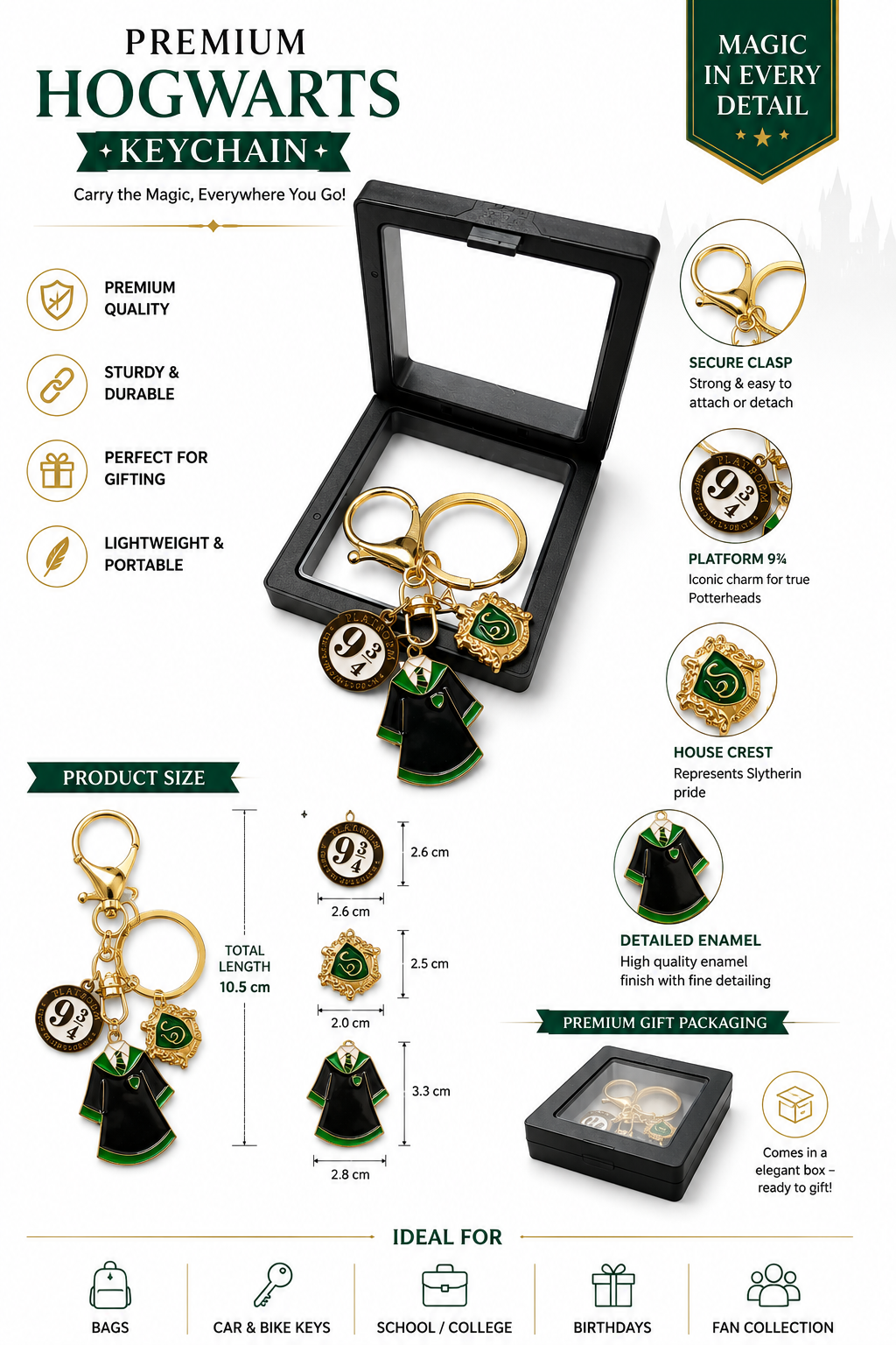 Premium Hogwarts Slytherin Keychain | Harry Potter Inspired House Crest, Platform 9¾ & Uniform Charm Keyring with Gift Box | Stylish Bag Charm for Fans, Keys, Backpack & Birthday Gift
