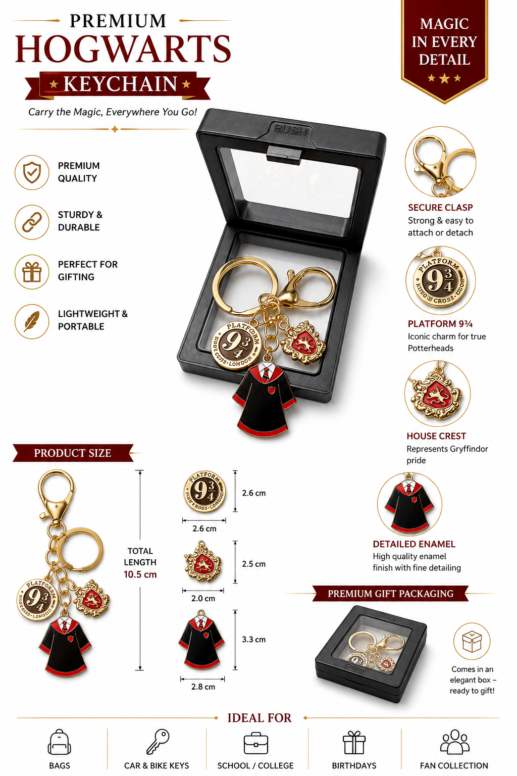 World Gift Mart Harry Potter Gryffindor House Metal Keychain with Premium Gift Box Key Chain