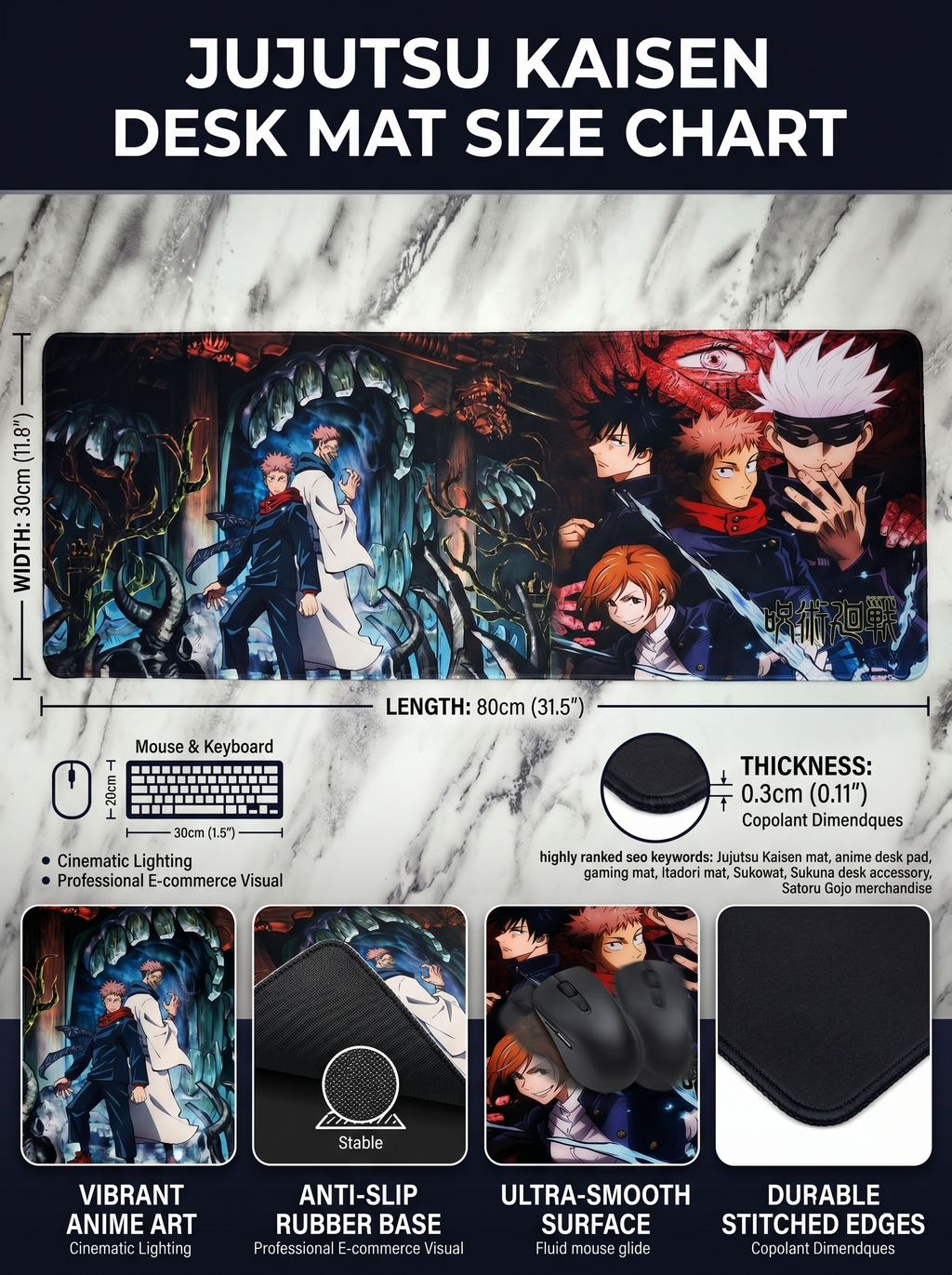 Jujutsu Kaisen Desk Mat Mouse Pad 80 x 30 cm | Gojo, Itadori, Sukuna, Megumi & Nobara Anime Gaming Mousepad with Anti-Slip Rubber Base, Ultra-Smooth Surface & Stitched Edges