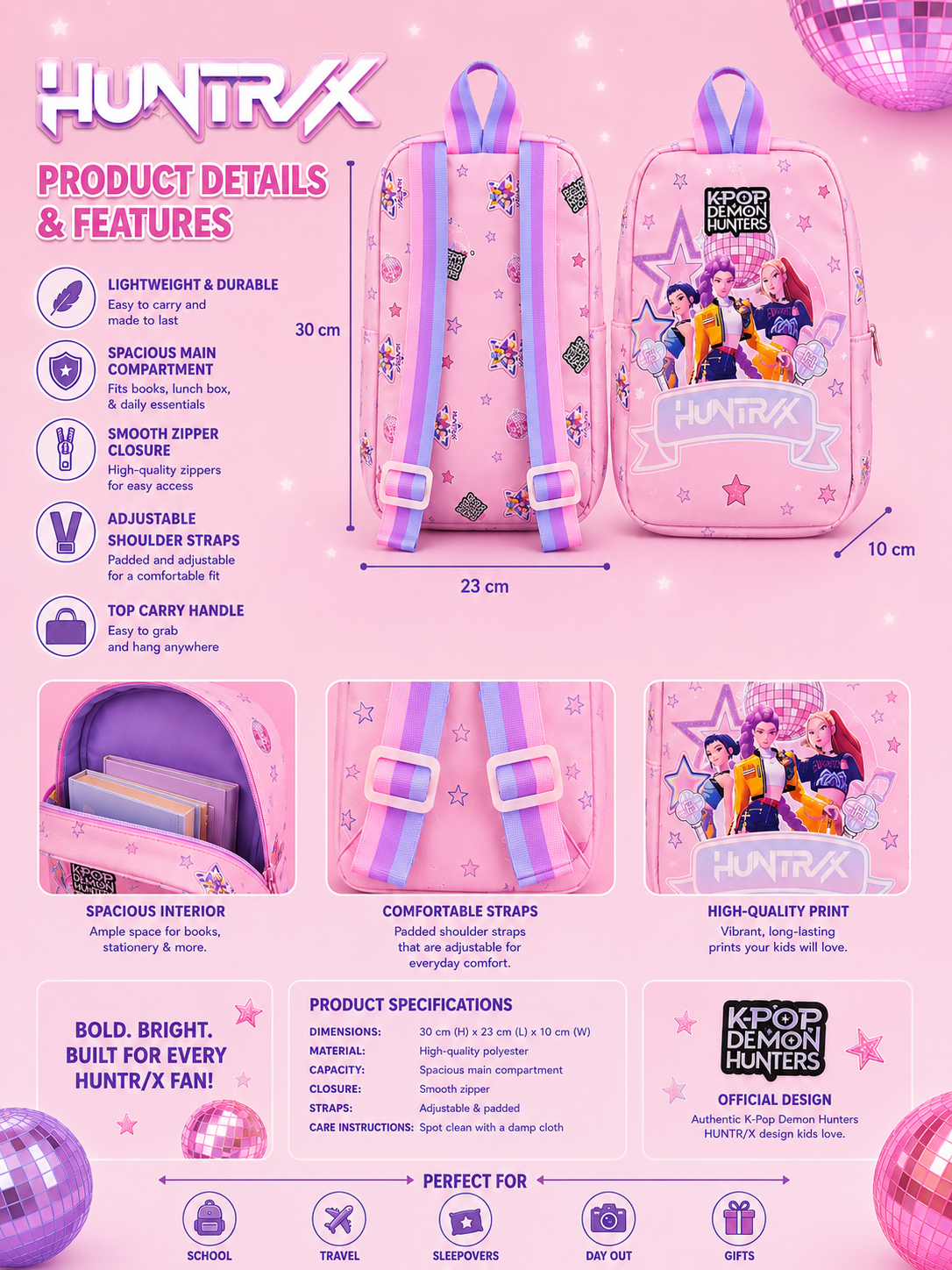 Pink K-Pop Inspired Kids Backpack | Lightweight Girls School Bag with Adjustable Straps, Spacious Compartment & Cute Star Print for School, Travel & Gifts