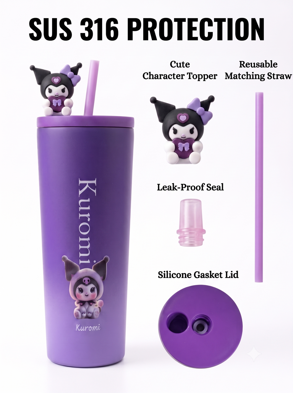 World Gift Mart Kuromi Insulated Steel Tumbler with Straw|Leakproof Vacuum Travel Mug 710 ml Stainless Steel Sipper (Pack of 1, Purple)