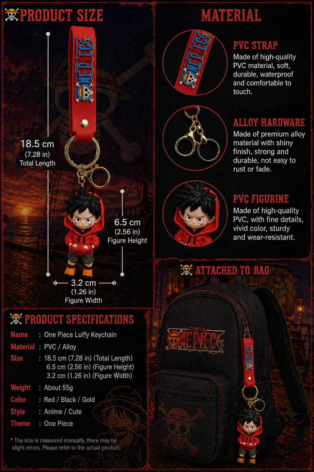 Luffy One Piece Anime Keychain | Cute PVC Character Figurine with Soft Strap & Alloy Key Ring | Stylish Backpack, Keys, School Bag & Gift Accessory for Kids & Fans