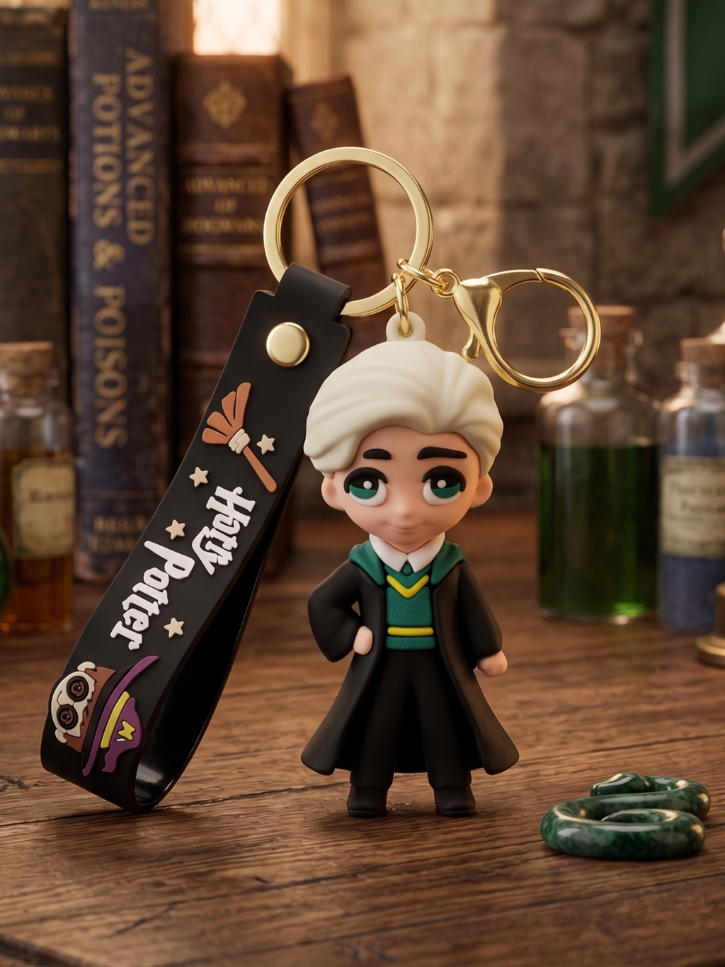 World Gift Mart Draco Malfoy - Inspired Chibi PVC Keychain – Cute Wizard Boy Keyring Wrist Strap Key Chain