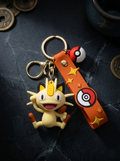 Pokémon Meowth Character Keychain | Cute PVC Cat Figurine Charm with Orange Strap, Metal Key Ring & Clasp | Backpack, Keys, Car Hanging & Gifting