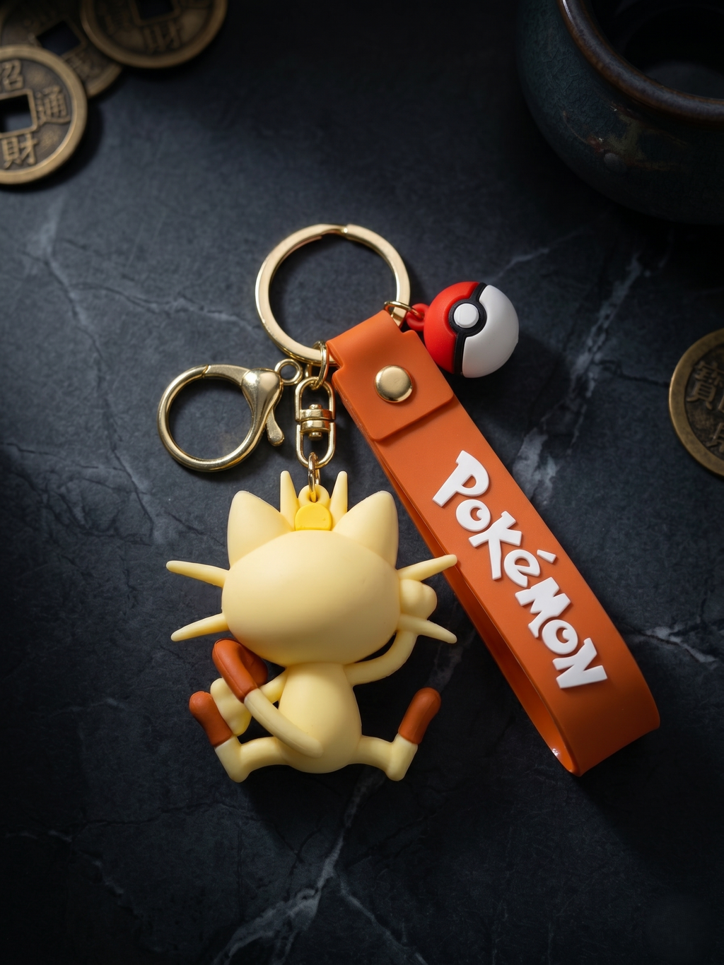 Pokémon Meowth Character Keychain | Cute PVC Cat Figurine Charm with Orange Strap, Metal Key Ring & Clasp | Backpack, Keys, Car Hanging & Gifting