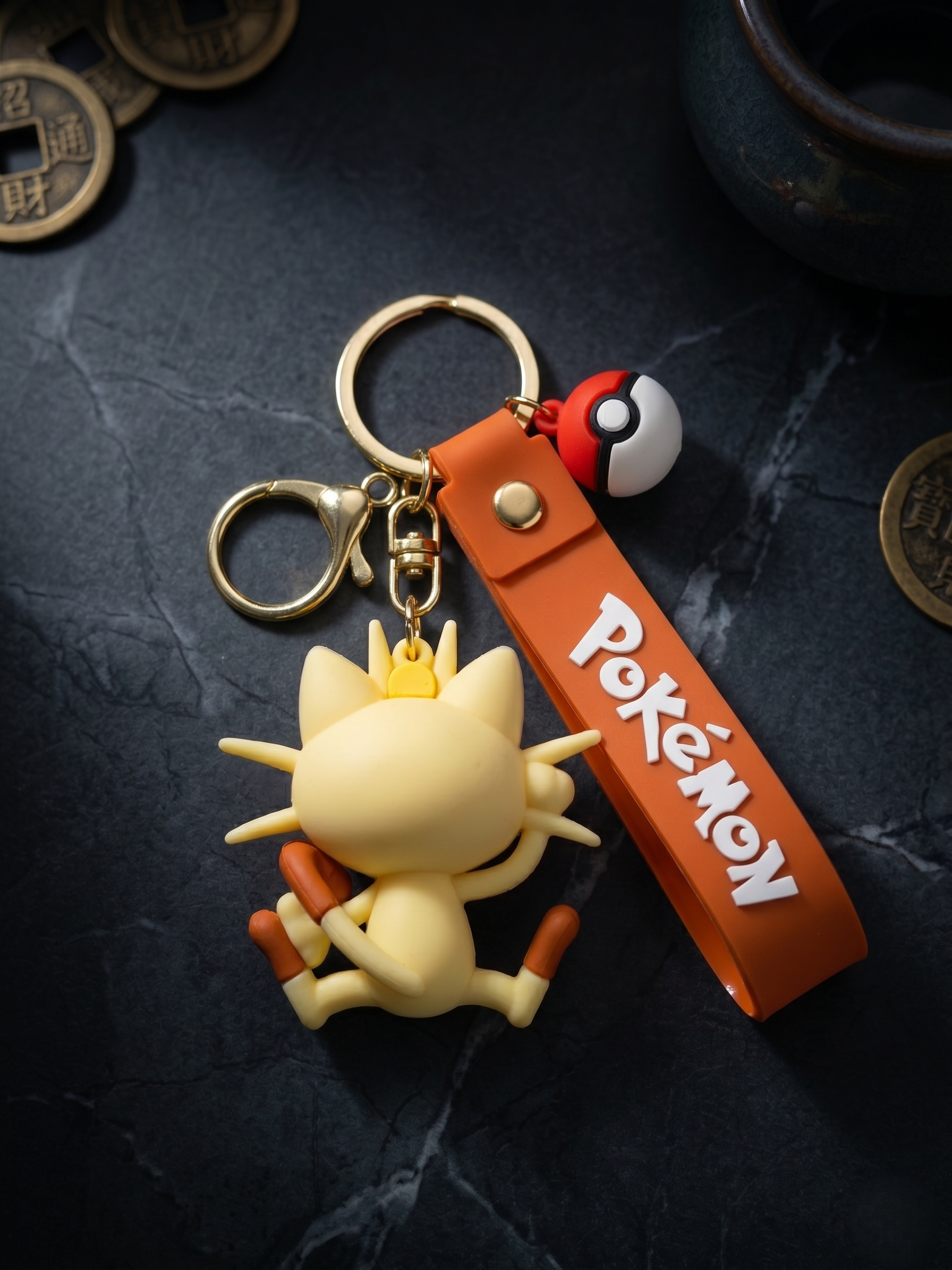 Pokémon Meowth Character Keychain | Cute PVC Cat Figurine Charm with Orange Strap, Metal Key Ring & Clasp | Backpack, Keys, Car Hanging & Gifting
