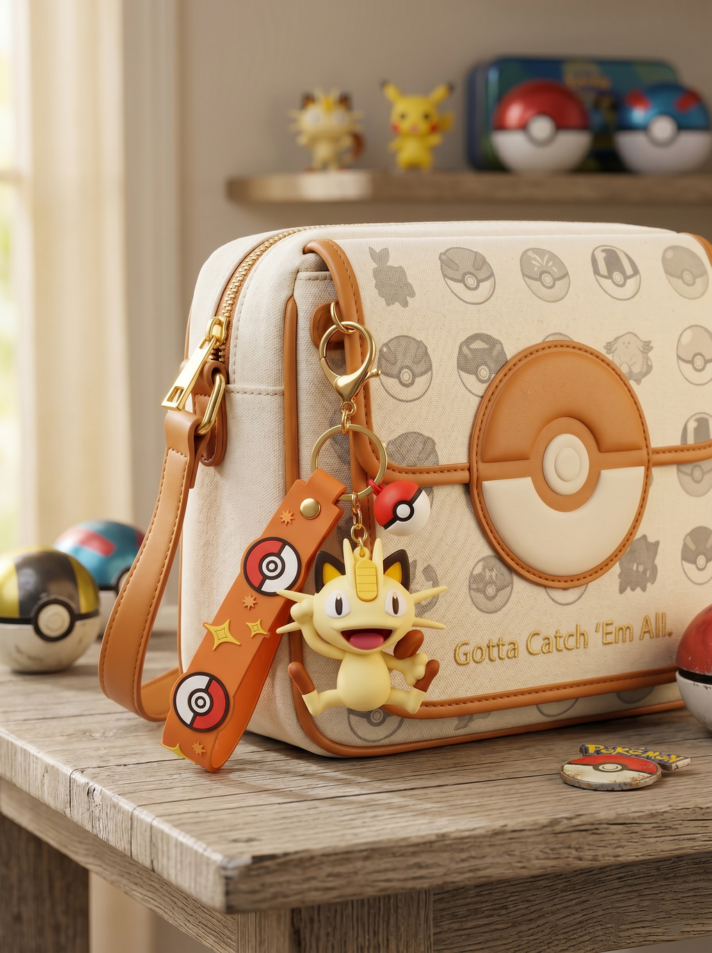 Pokémon Meowth Character Keychain | Cute PVC Cat Figurine Charm with Orange Strap, Metal Key Ring & Clasp | Backpack, Keys, Car Hanging & Gifting