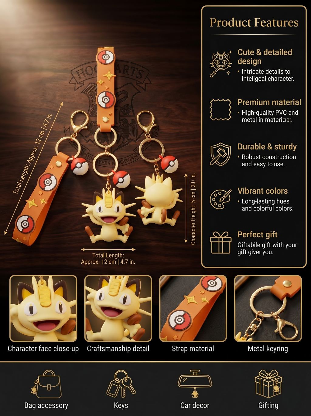 Pokémon Meowth Character Keychain | Cute PVC Cat Figurine Charm with Orange Strap, Metal Key Ring & Clasp | Backpack, Keys, Car Hanging & Gifting