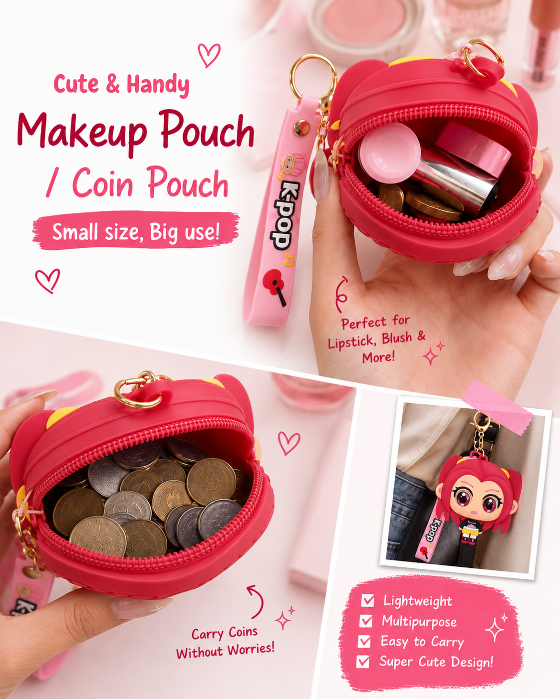 World Gift Mart K-Pop Mira Girl Pouch Keychain | Cute Mini Coin/Makeup Purse Keyring | Pouch Key Chain