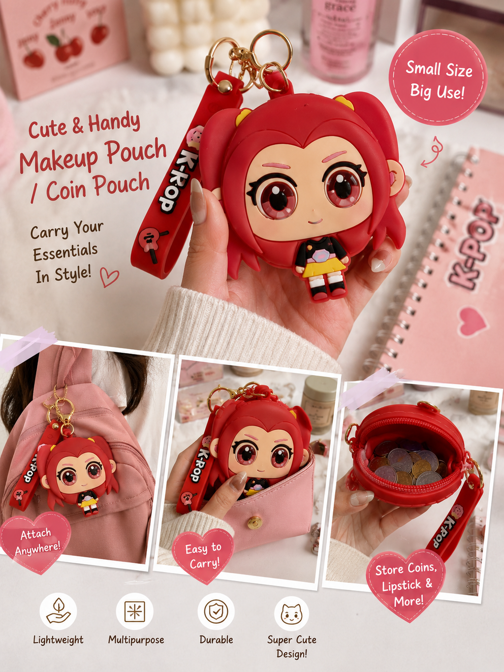 World Gift Mart K-Pop Mira Girl Pouch Keychain | Cute Mini Coin/Makeup Purse Keyring | Pouch Key Chain