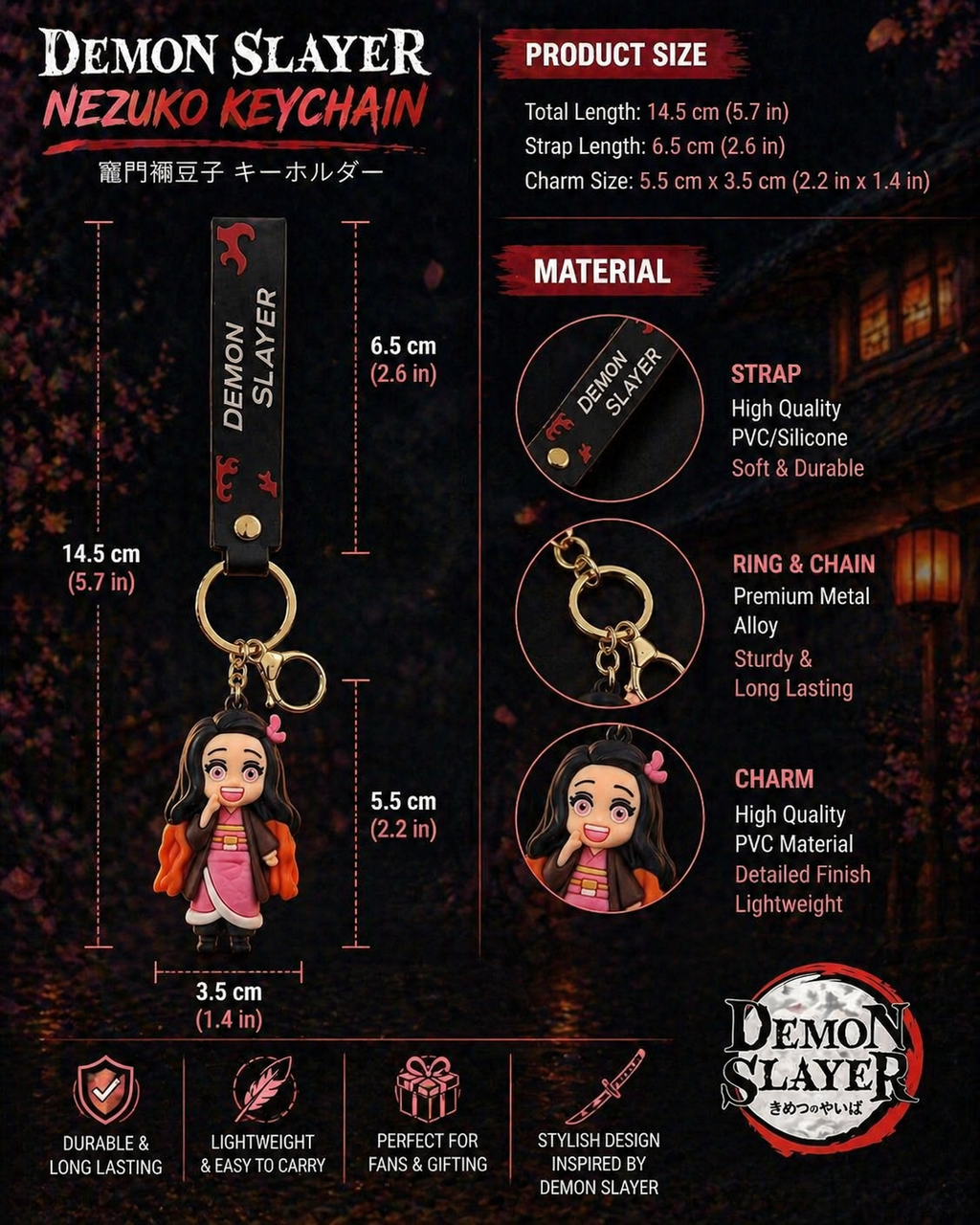 Demon Slayer Nezuko Keychain | Cute Nezuko Kamado PVC Character Charm with Soft Strap & Metal Key Ring | Anime Bag Accessory for Fans, Kids & Collectors
