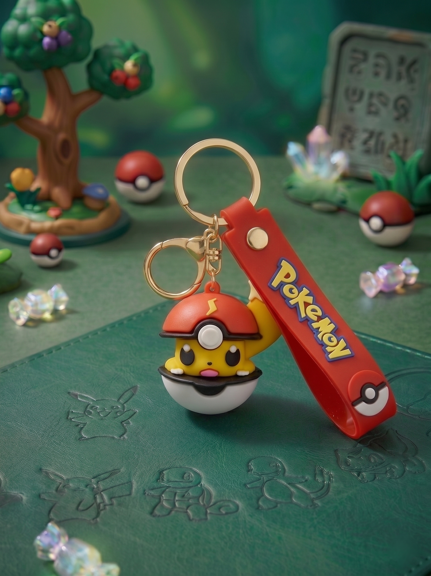 Pokémon Character Ball Keychain | Cute Electric Character PVC Charm Key Ring with Red Silicone Strap & Gold Metal Clasp | Bag Accessory, Key Holder, Car Decor & Gift for Kids & Fans