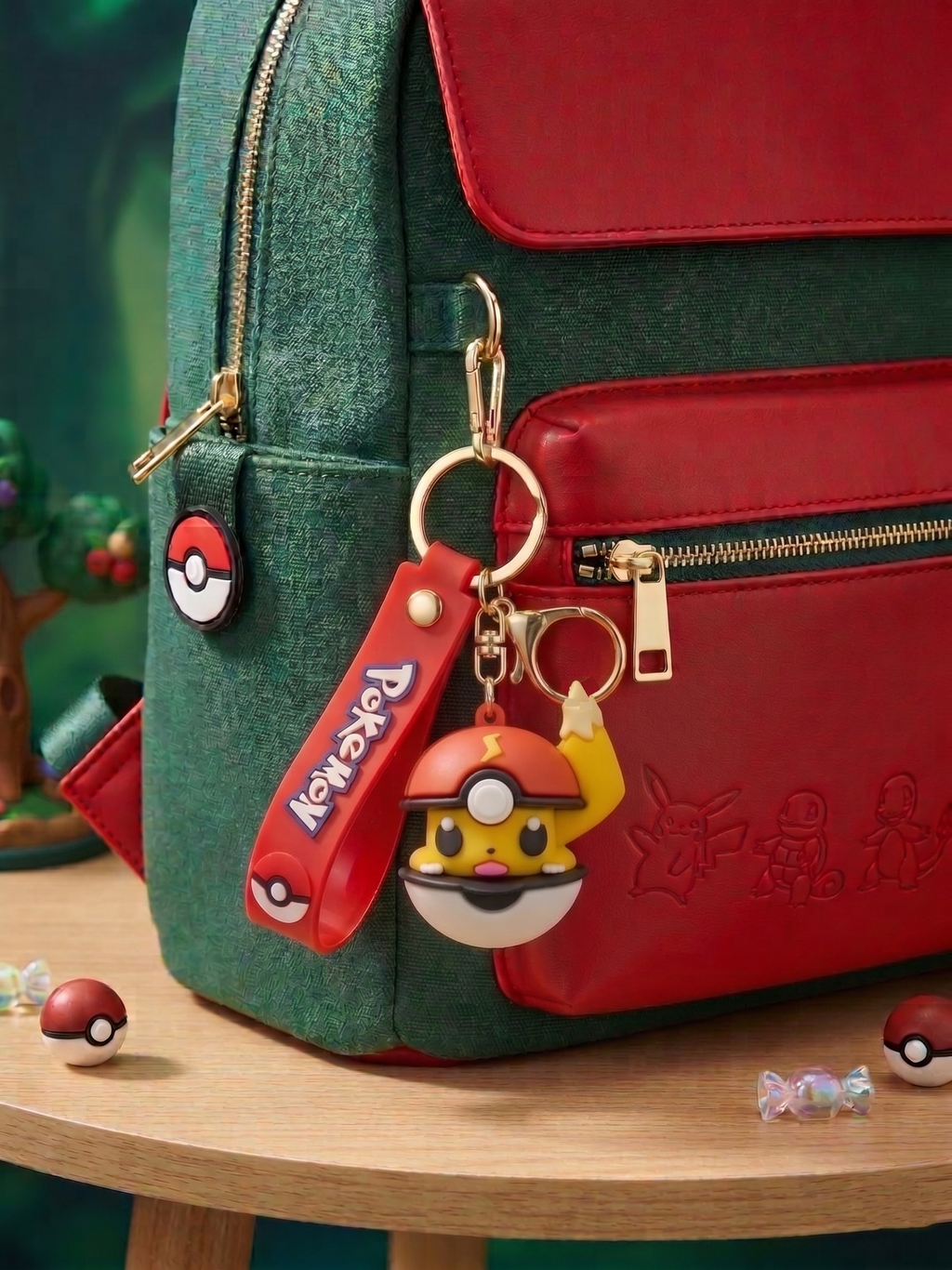 Pokémon Character Ball Keychain | Cute Electric Character PVC Charm Key Ring with Red Silicone Strap & Gold Metal Clasp | Bag Accessory, Key Holder, Car Decor & Gift for Kids & Fans