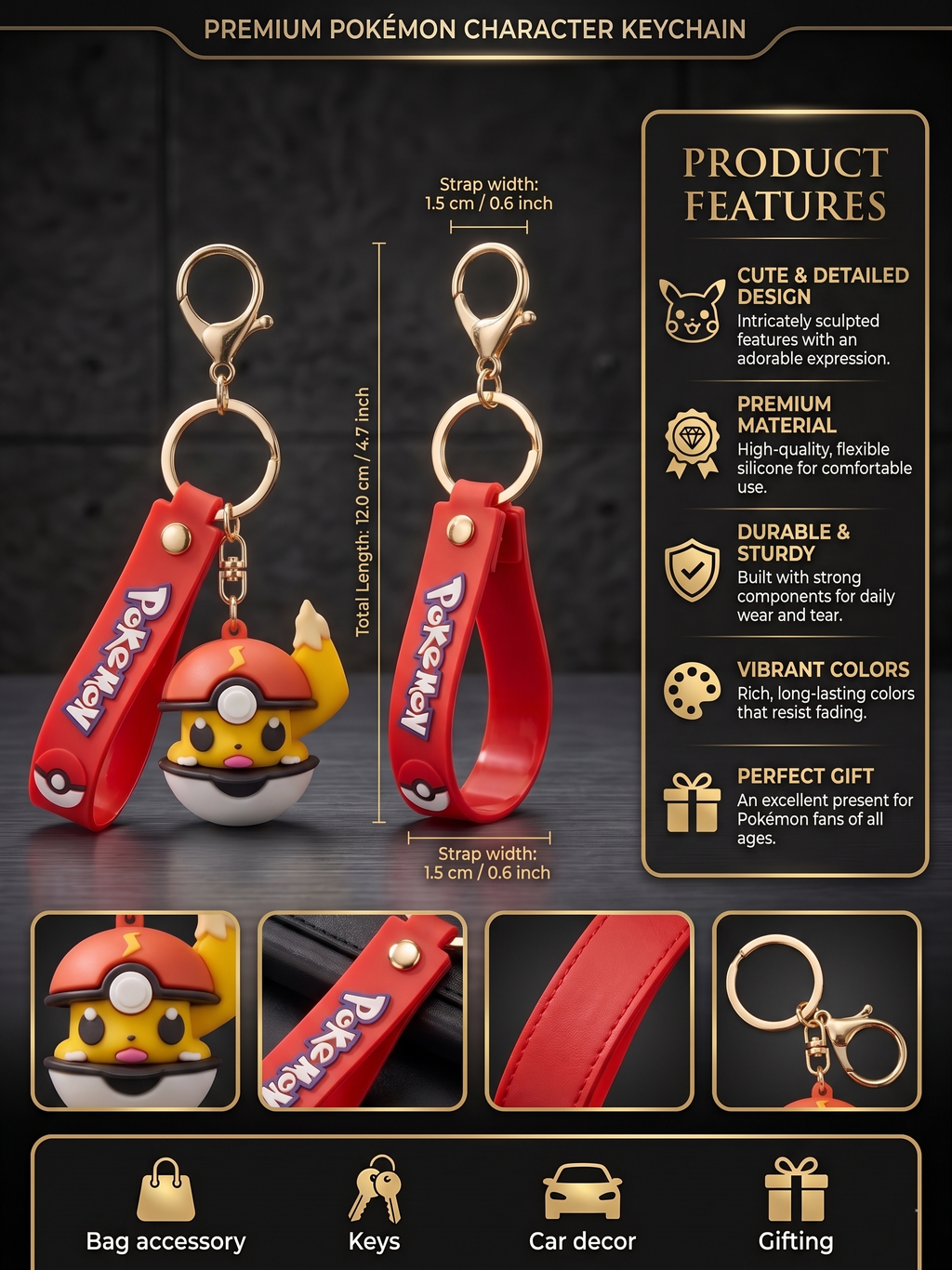 Pokémon Character Ball Keychain | Cute Electric Character PVC Charm Key Ring with Red Silicone Strap & Gold Metal Clasp | Bag Accessory, Key Holder, Car Decor & Gift for Kids & Fans