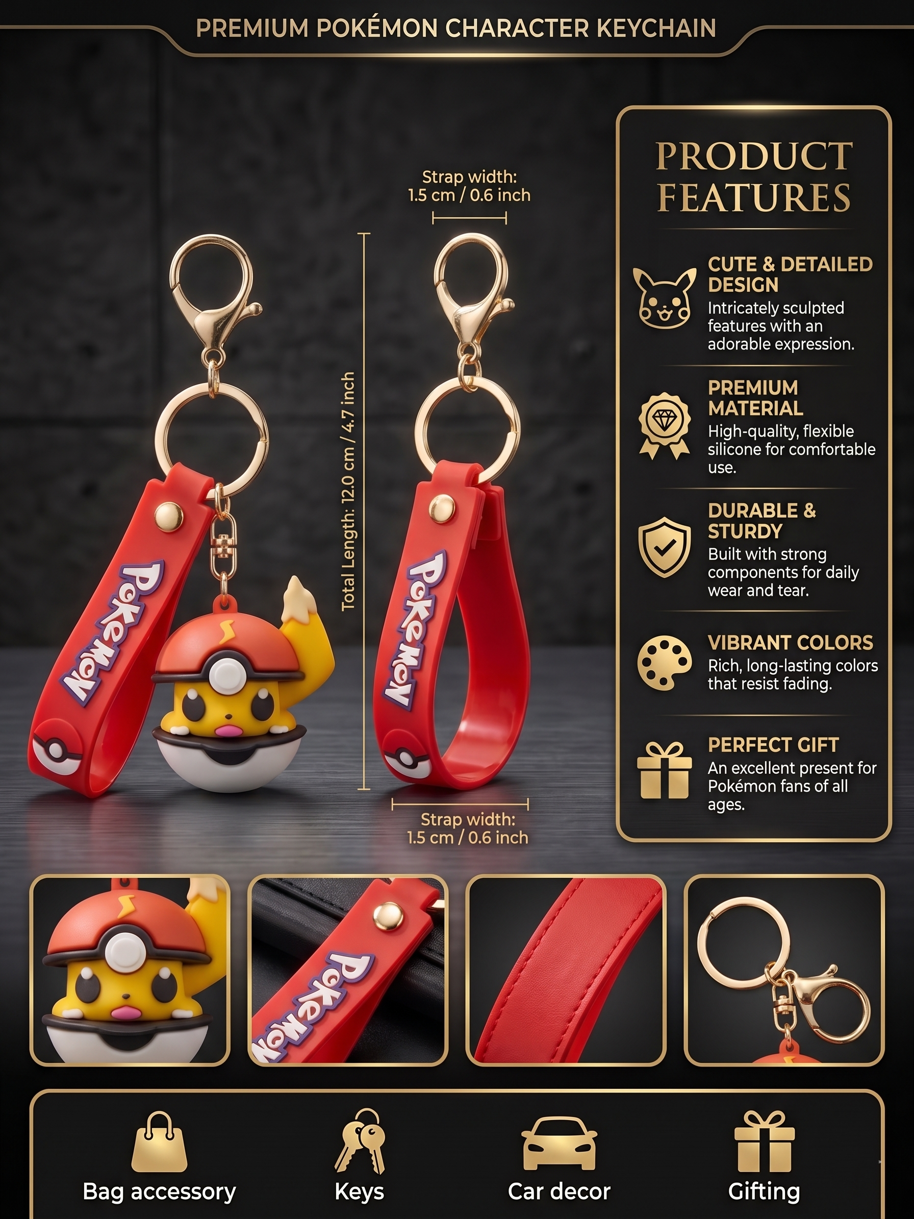Pokémon Character Ball Keychain | Cute Electric Character PVC Charm Key Ring with Red Silicone Strap & Gold Metal Clasp | Bag Accessory, Key Holder, Car Decor & Gift for Kids & Fans