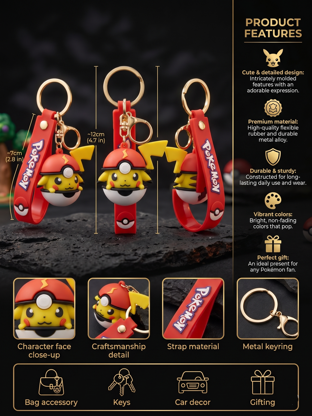 Pokémon Pikachu Ball Keychain | Cute PVC Character Charm with Red Strap, Metal Key Ring & Clasp | Backpack Charm, Keys, Car Hanging & Gifting for Kids
