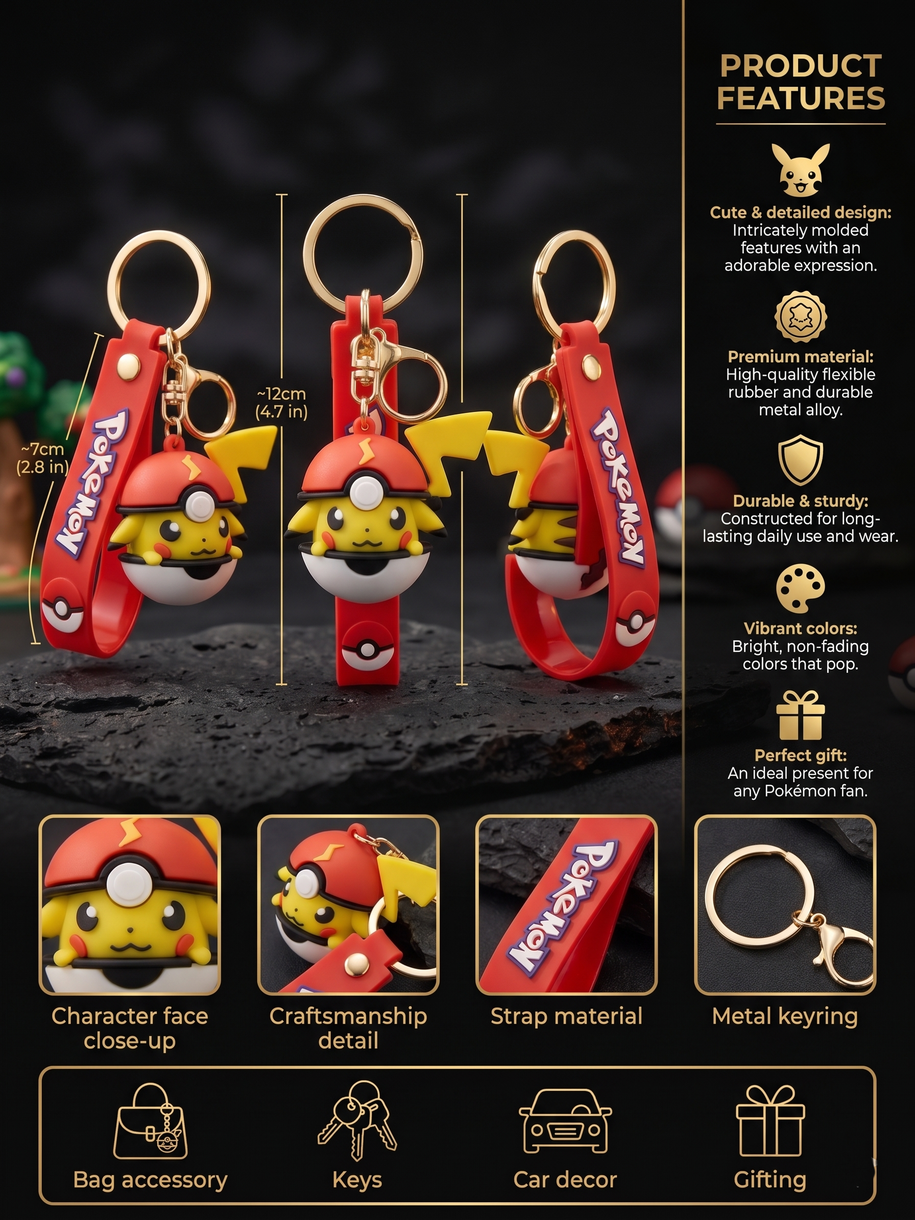 Pokémon Pikachu Ball Keychain | Cute PVC Character Charm with Red Strap, Metal Key Ring & Clasp | Backpack Charm, Keys, Car Hanging & Gifting for Kids