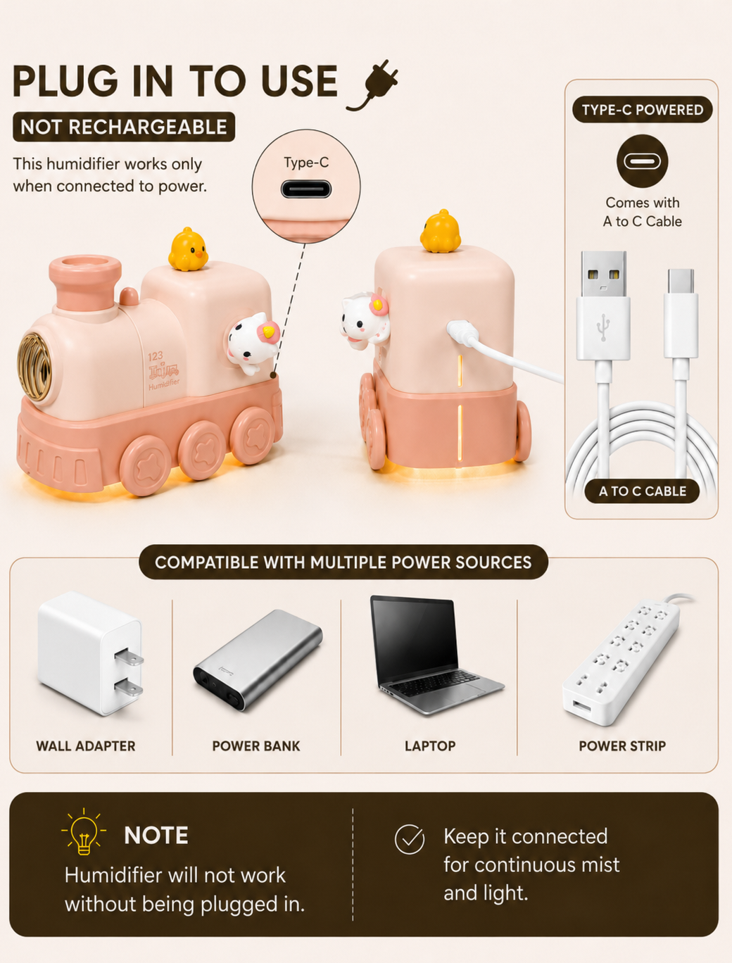 World Gift Mart Cute Train Humidifier with LED Night Light & Aroma Diffuser|Free 10ml Aroma Oil Room Air Purifier, Kids Study Diffuser (Pink)
