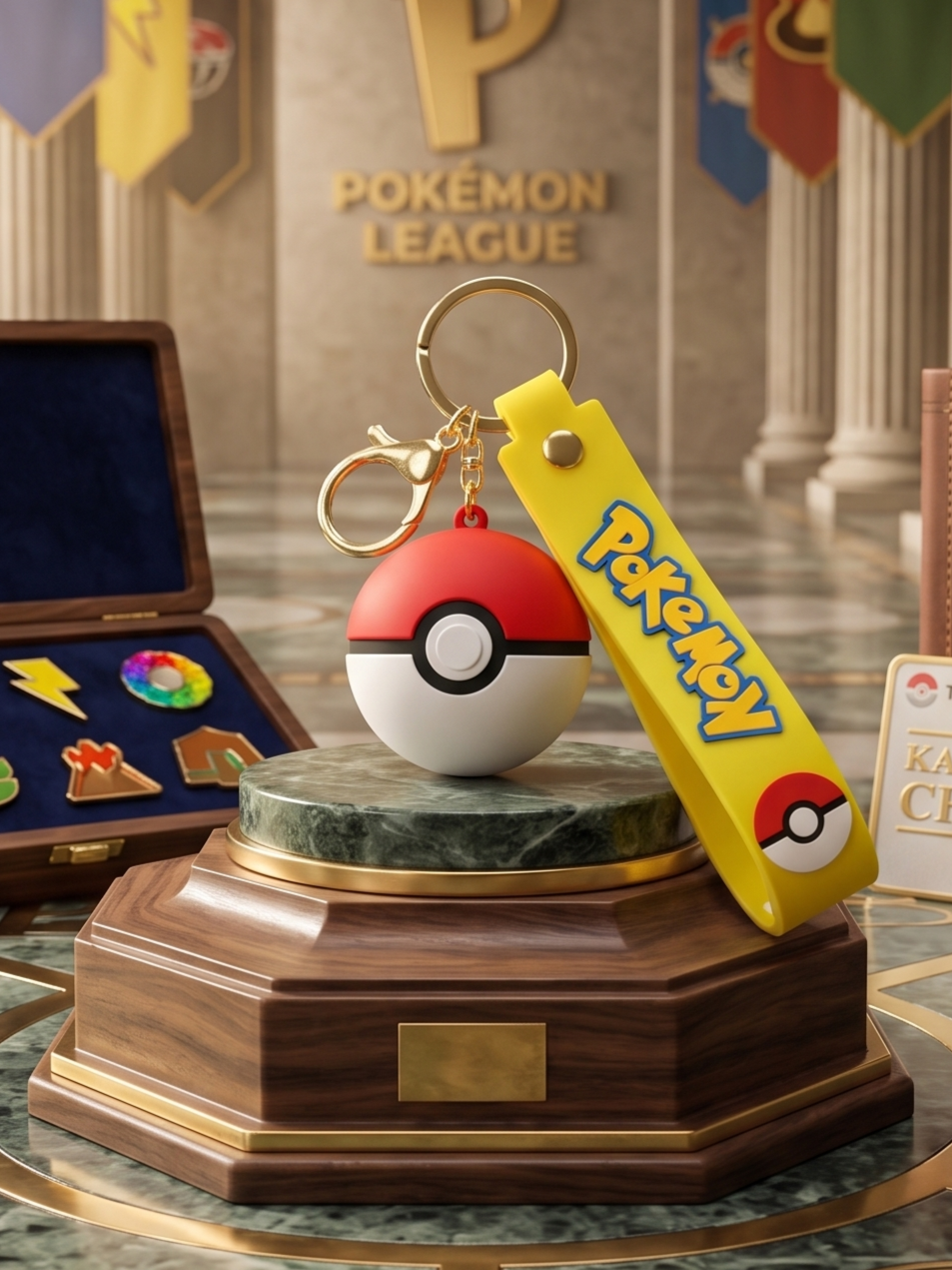 Pokémon Poké Ball Keychain | Red & White Ball Charm with Yellow Silicone Strap, Gold Metal Ring & Clasp | Backpack Charm, Keys, Car Decor & Gifting