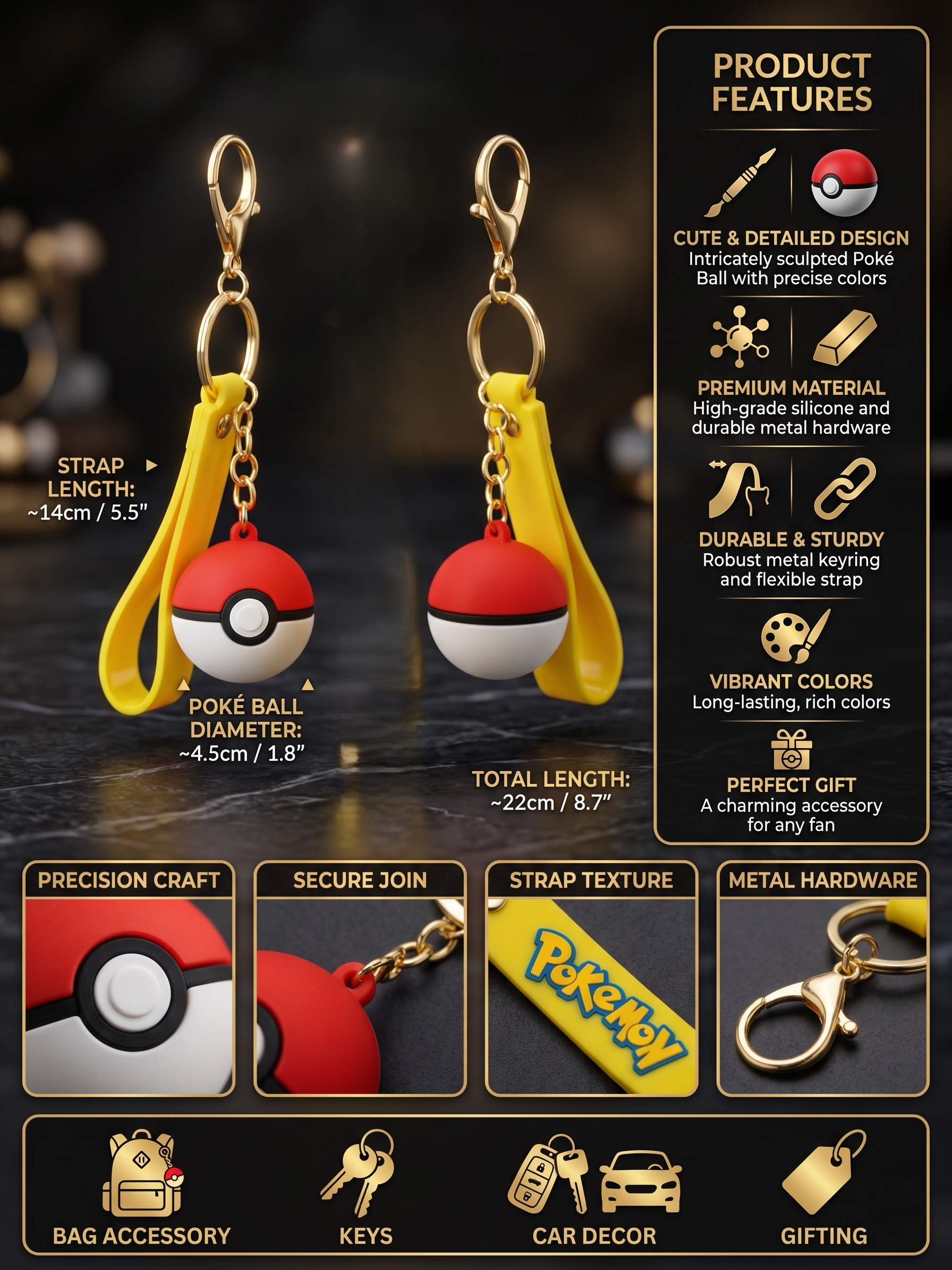 Pokémon Poké Ball Keychain | Red & White Ball Charm with Yellow Silicone Strap, Gold Metal Ring & Clasp | Backpack Charm, Keys, Car Decor & Gifting