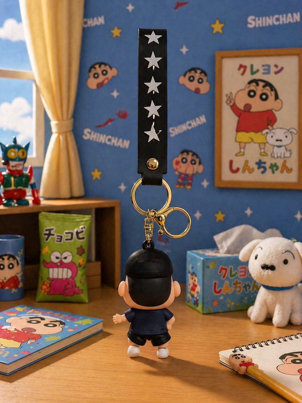 Shinchan Depayul Keychain | Cute Cartoon Character PVC Charm with Black Star Strap & Gold Metal Clasp | Bag Charm, Key Holder, Backpack Accessory & Gift for Kids