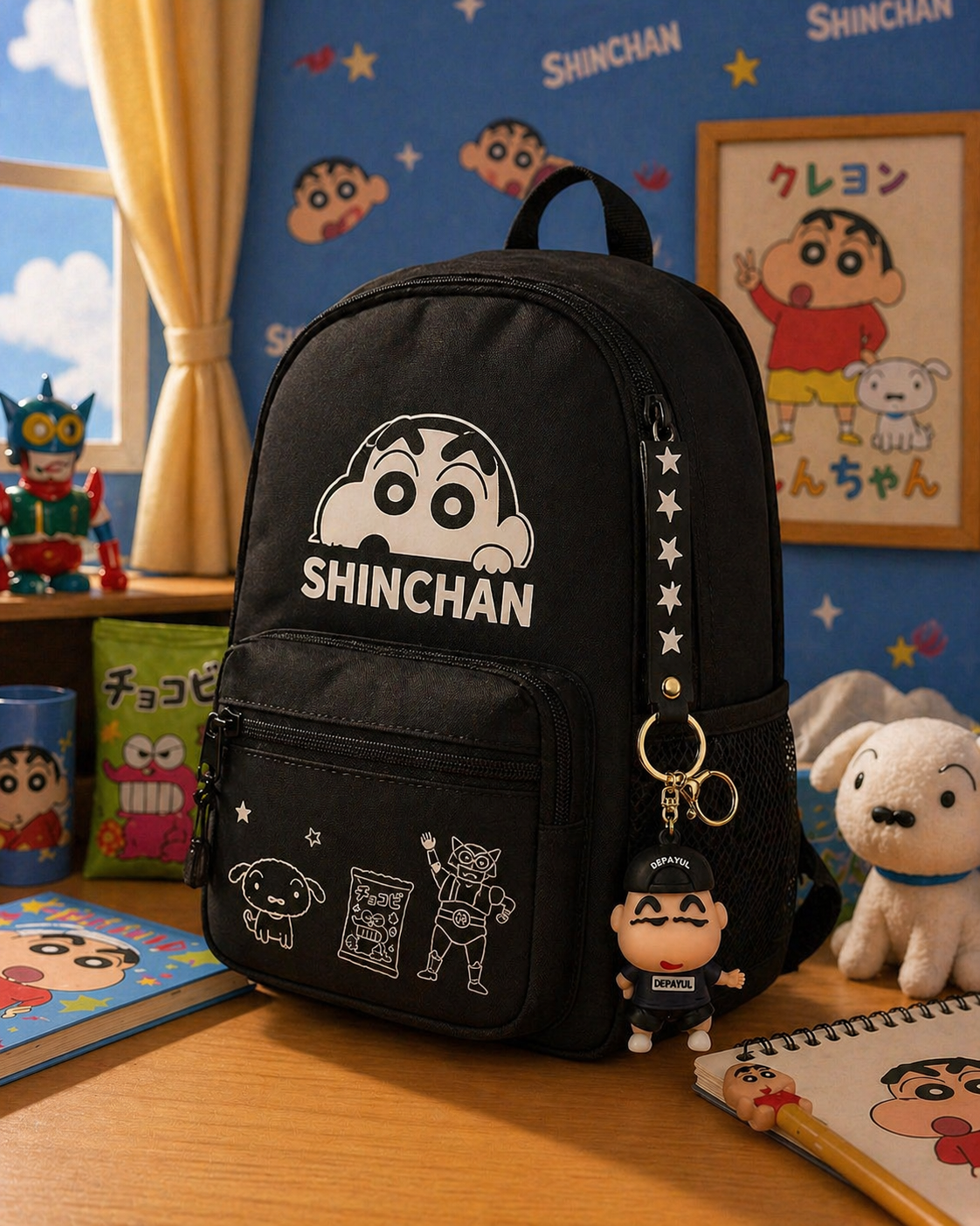 Shinchan Depayul Keychain | Cute Cartoon Character PVC Charm with Black Star Strap & Gold Metal Clasp | Bag Charm, Key Holder, Backpack Accessory & Gift for Kids